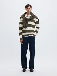 STRIPED COTTON LONG-SLEEVED POLO, Forest Night, highres