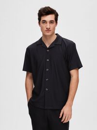 RIBBED CUBAN COLLAR SHORT SLEEVED SHIRT, Black, highres