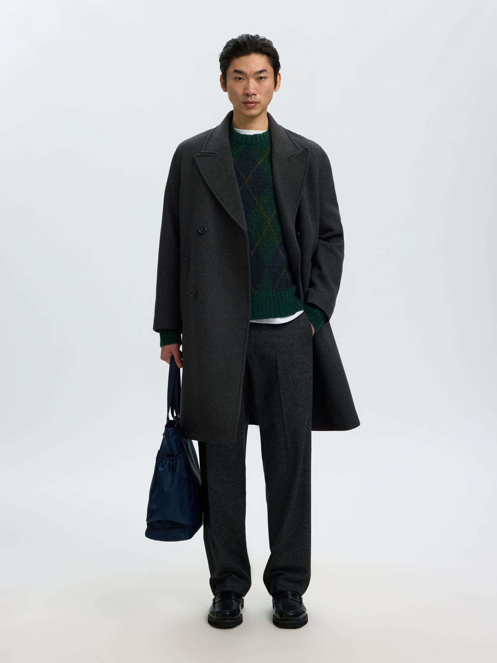 DOUBLE BREASTED WOOL BLEND LONG COAT, Dark Grey, highres