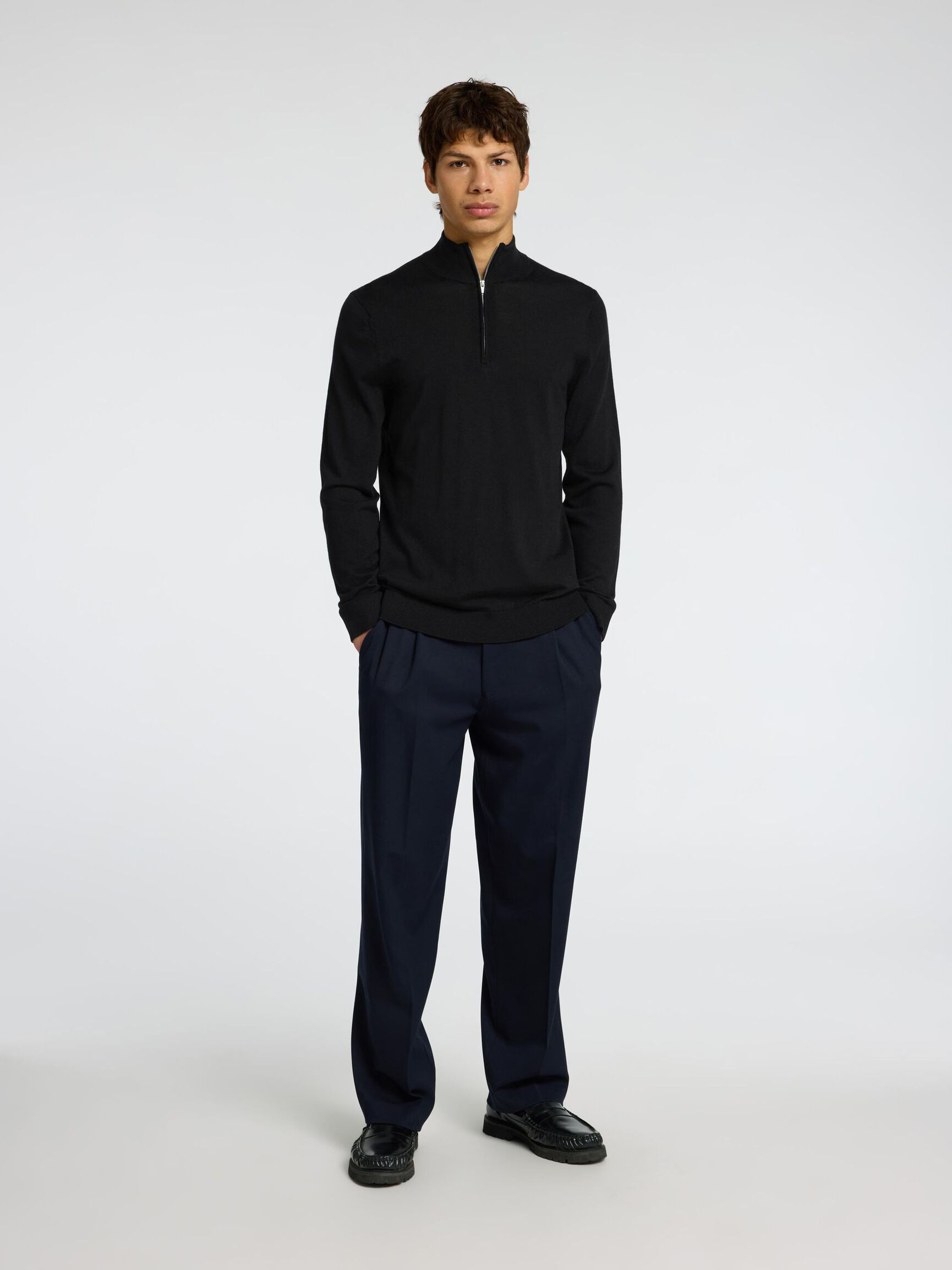 100% MERINO WOOL HALF-ZIP JUMPER, Black, highres
