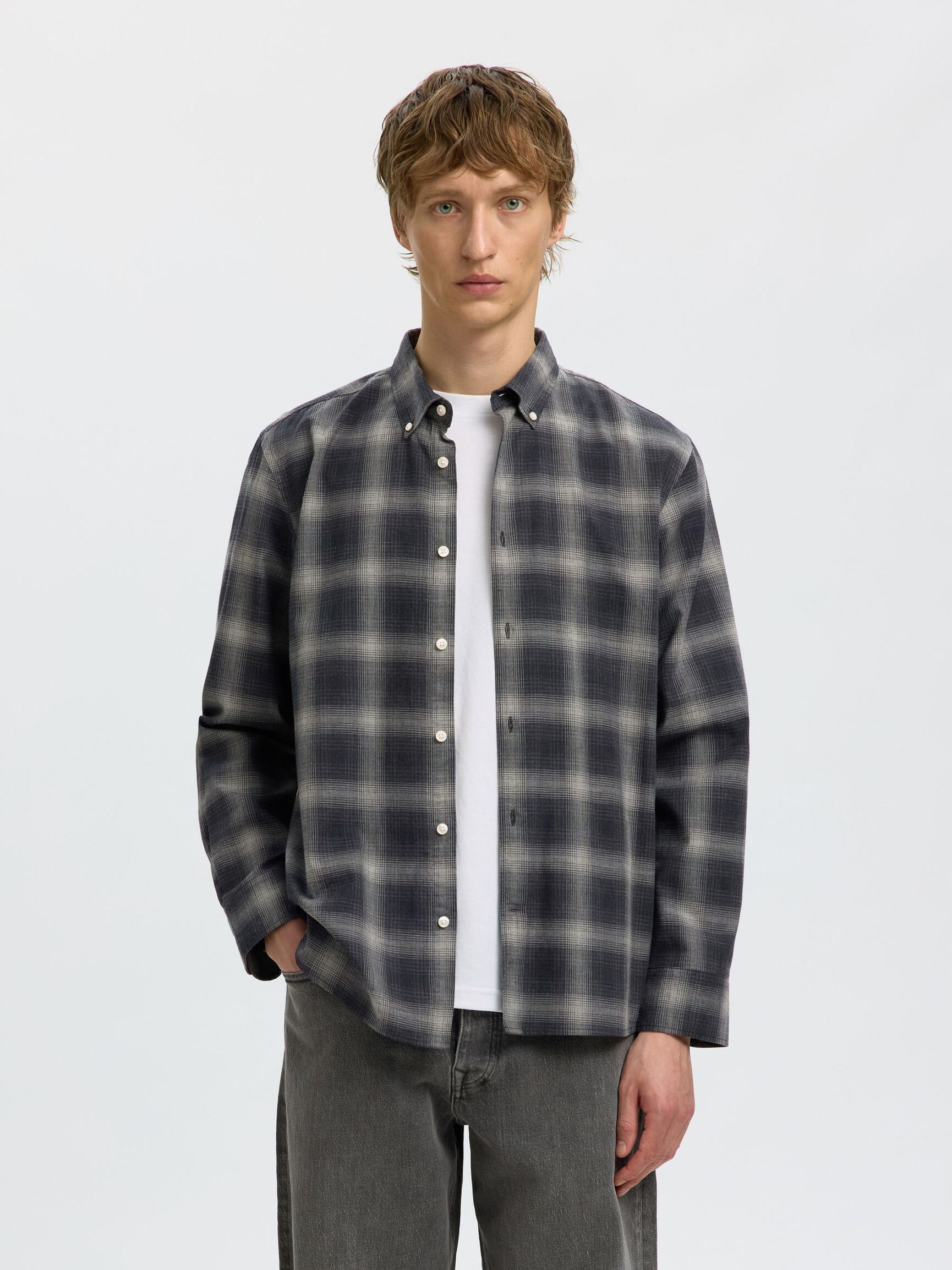 COTTON LONG SLEEVED SHIRT, Dark Grey Melange, highres