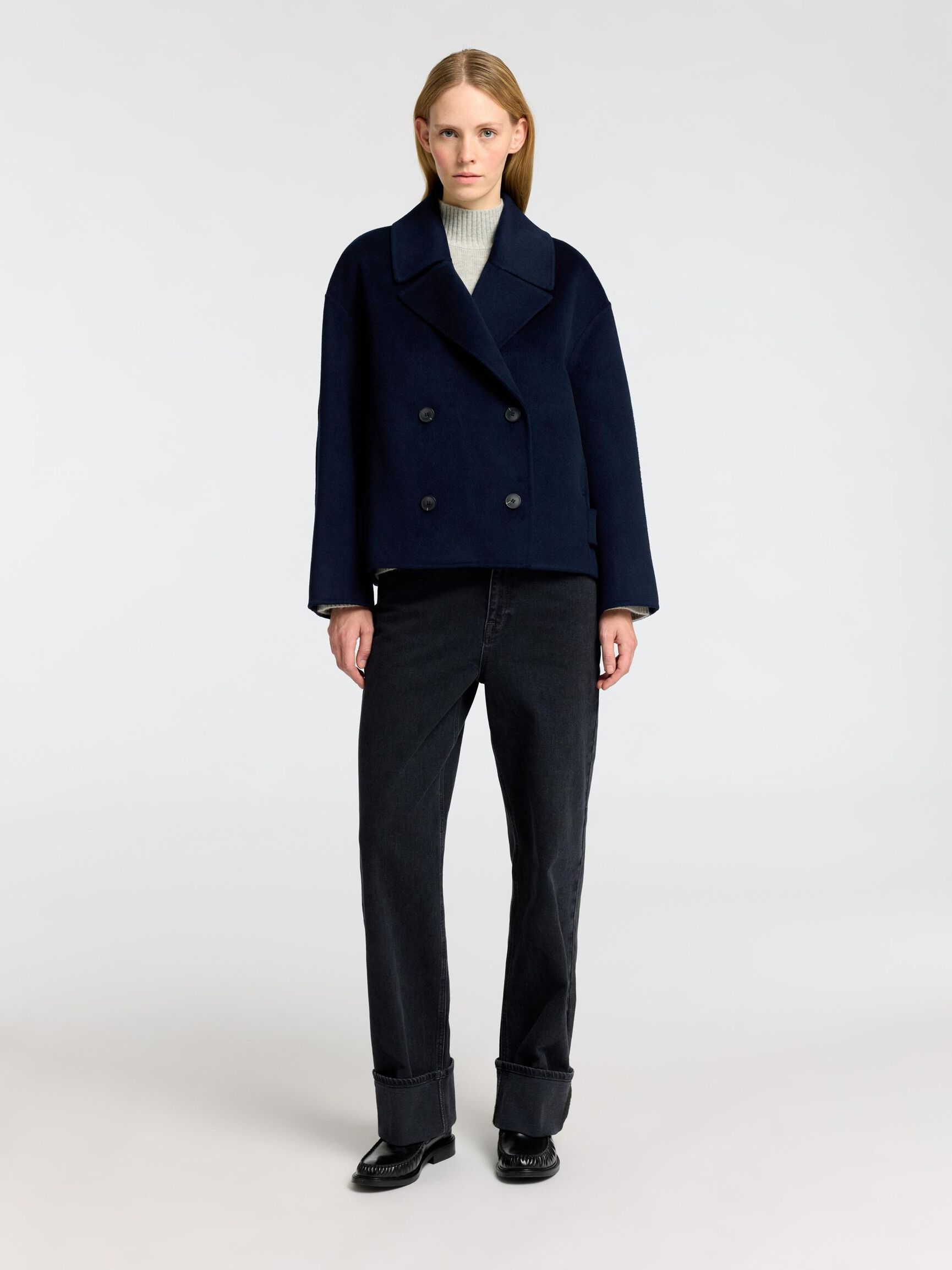 DOUBLE BREASTED WOOL BLEND COAT, Dark Sapphire, highres