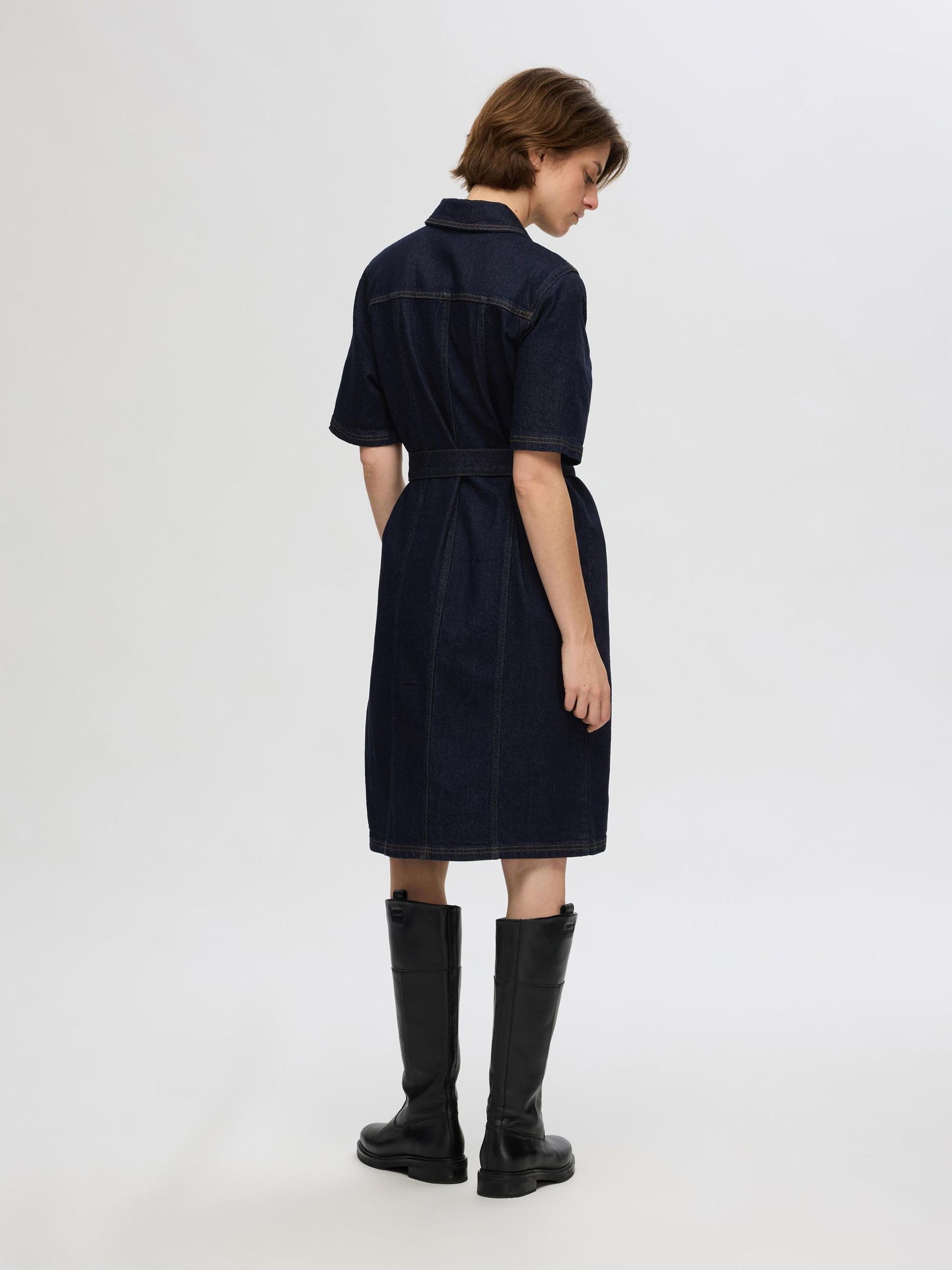 SHORT SLEEVED DENIM DRESS, Dark Blue Denim, highres