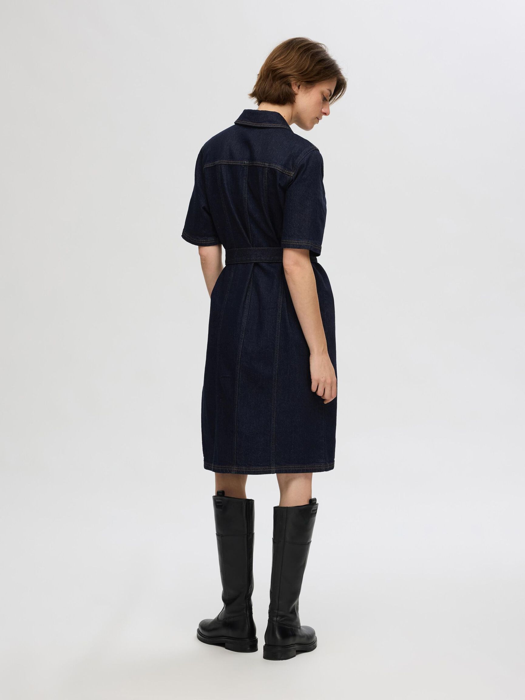 SHORT SLEEVED DENIM DRESS, Dark Blue Denim, highres
