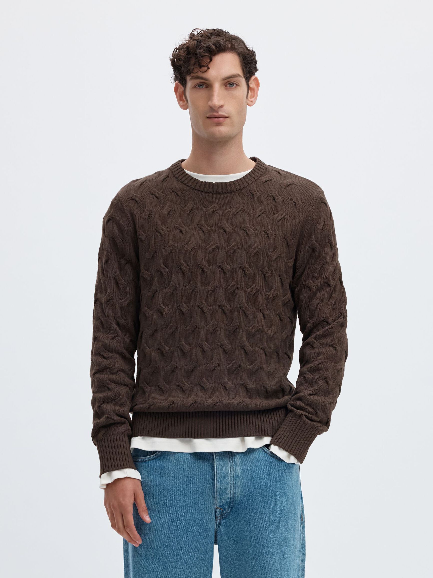 CABLE KNIT CREWNECK JUMPER, Delicioso, highres