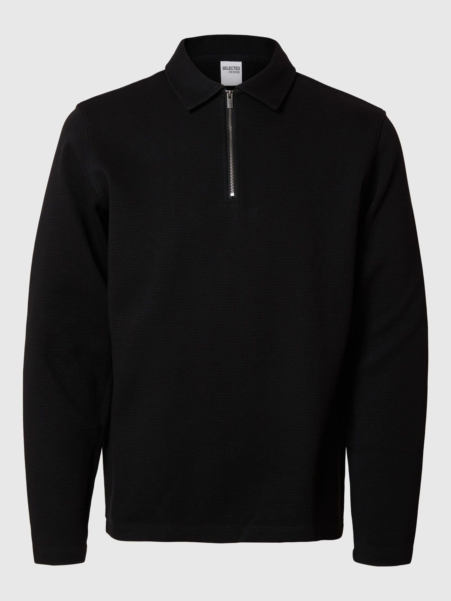 RIBBED HALF ZIP LONG-SLEEVED POLO, Black, highres