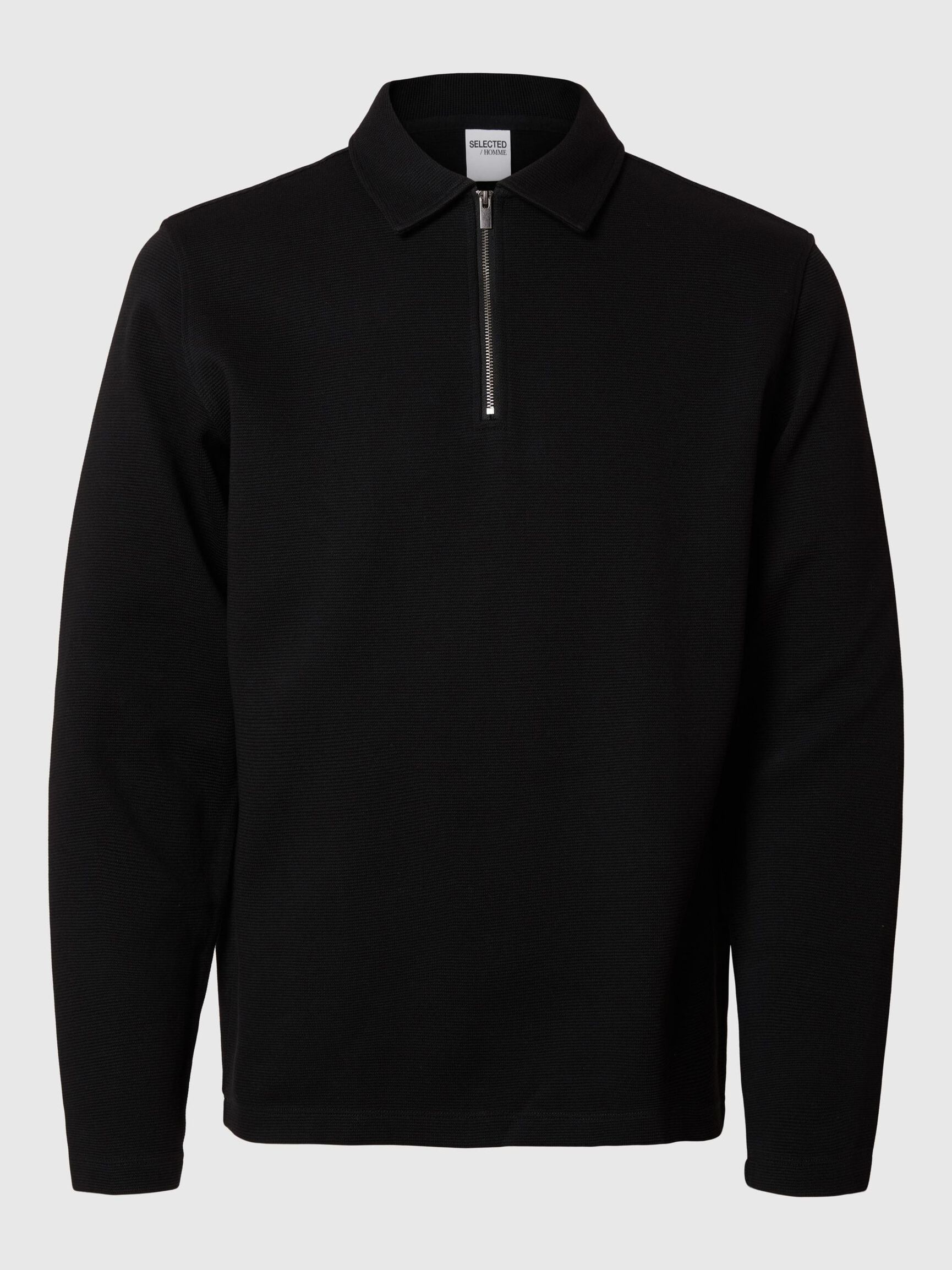 GERIPPTES HALF-ZIP LANGARM-POLOSHIRT, Black, highres