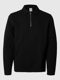 GERIPPTES HALF-ZIP LANGARM-POLOSHIRT, Black, highres