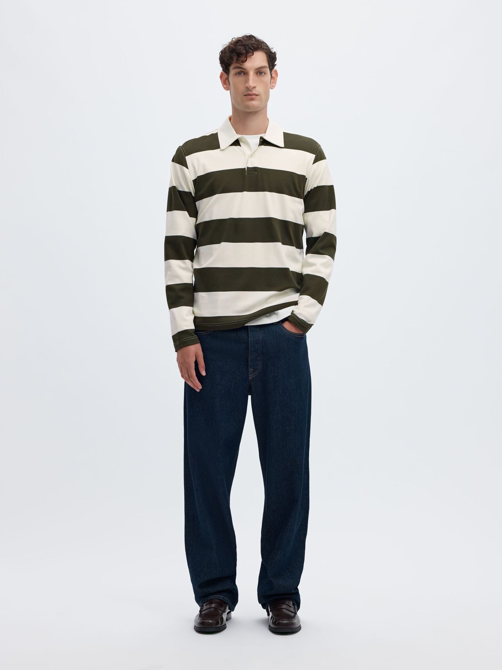 STRIPED COTTON LONG-SLEEVED POLO, Forest Night, highres