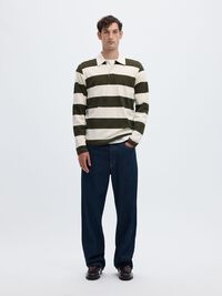 STRIPED COTTON LONG-SLEEVED POLO, Forest Night, highres