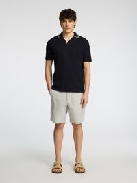 COTTON BLEND SPLIT NECK POLO SHIRT, Black, highres