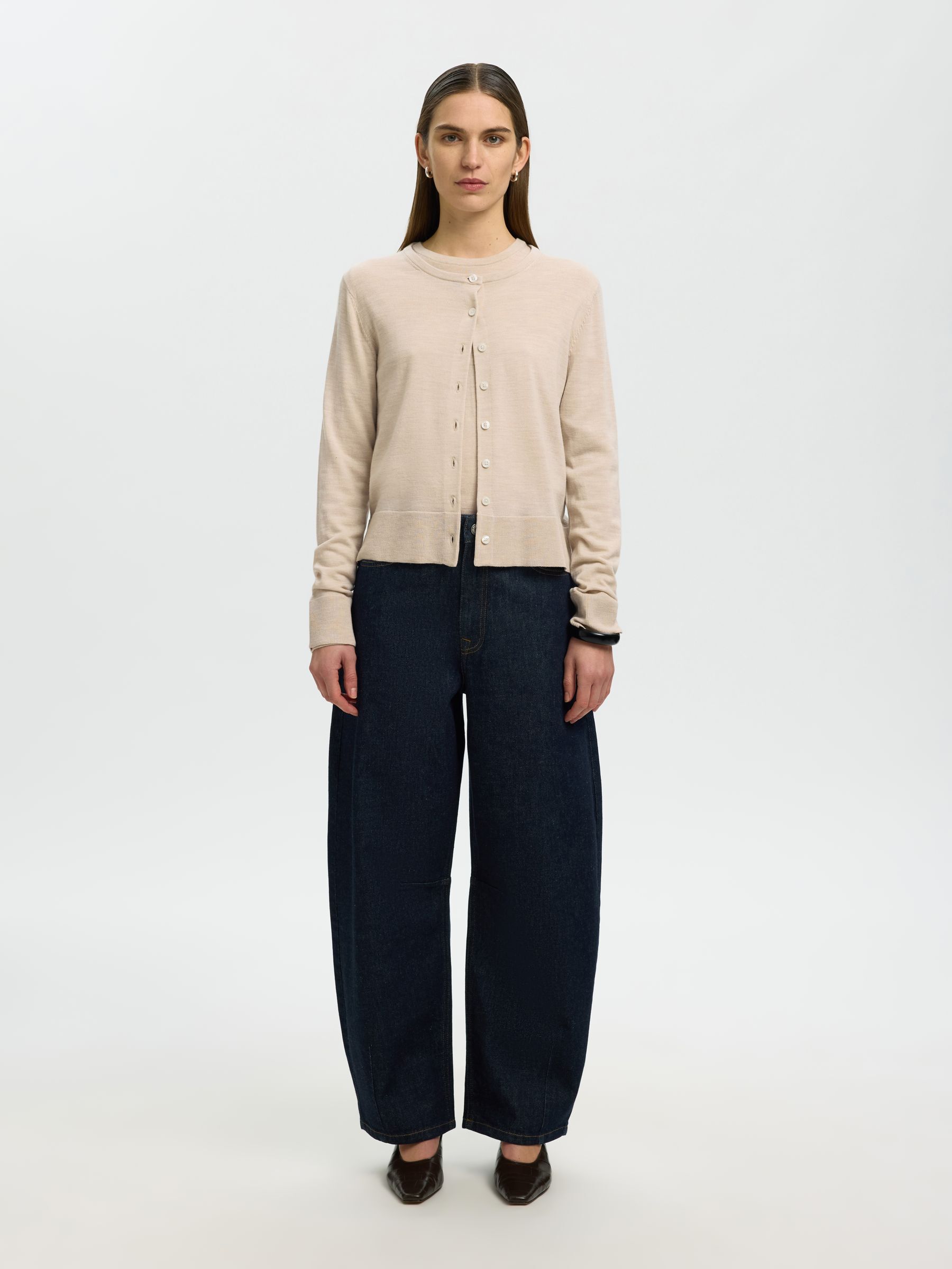 100% MERINO WOOL KNITTED CARDIGAN, Oatmeal, highres