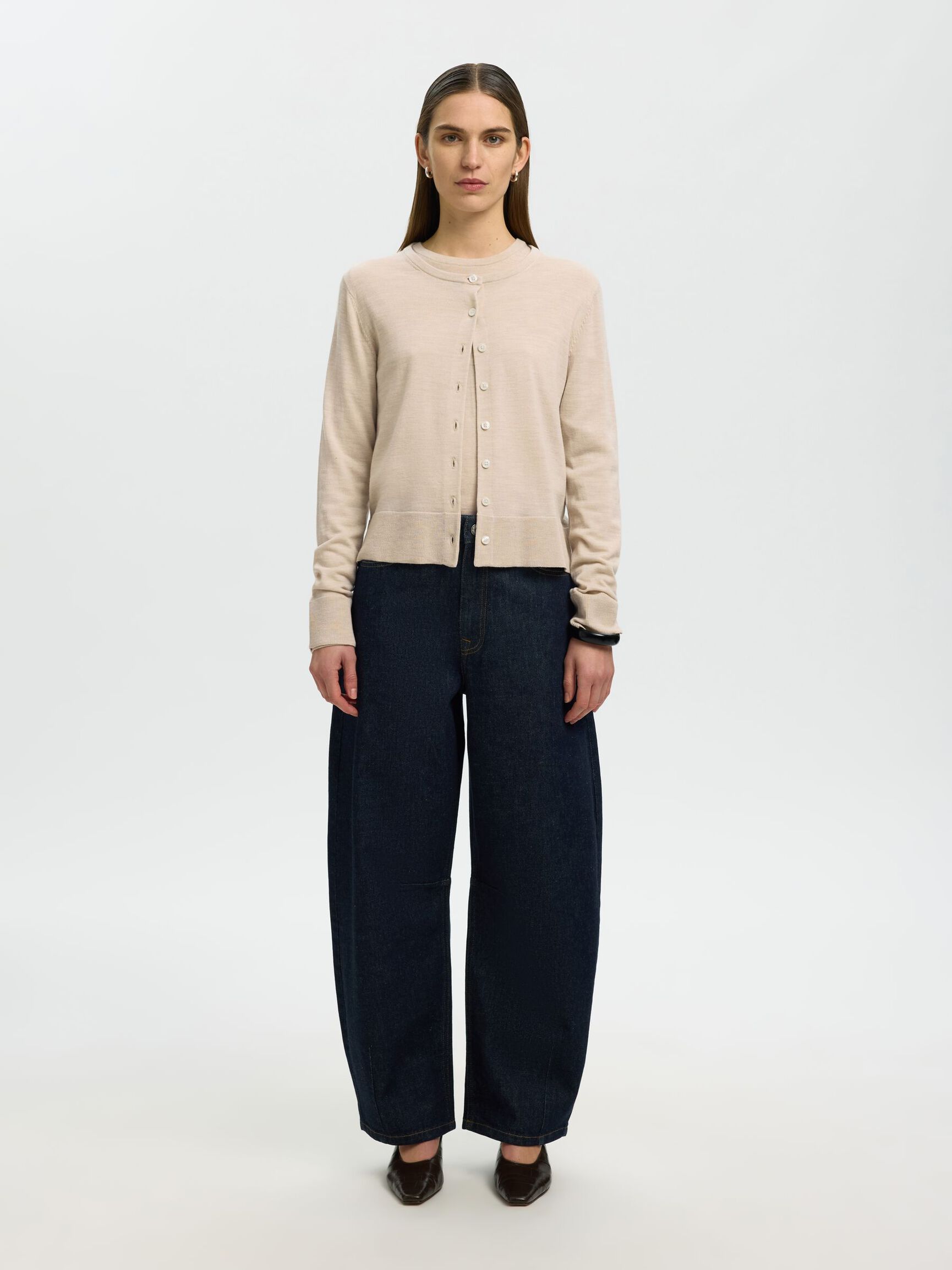 100% MERINO WOOL KNITTED CARDIGAN, Oatmeal, highres