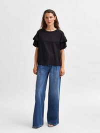 COTTON RUFFLE  T-SHIRT, Black, highres