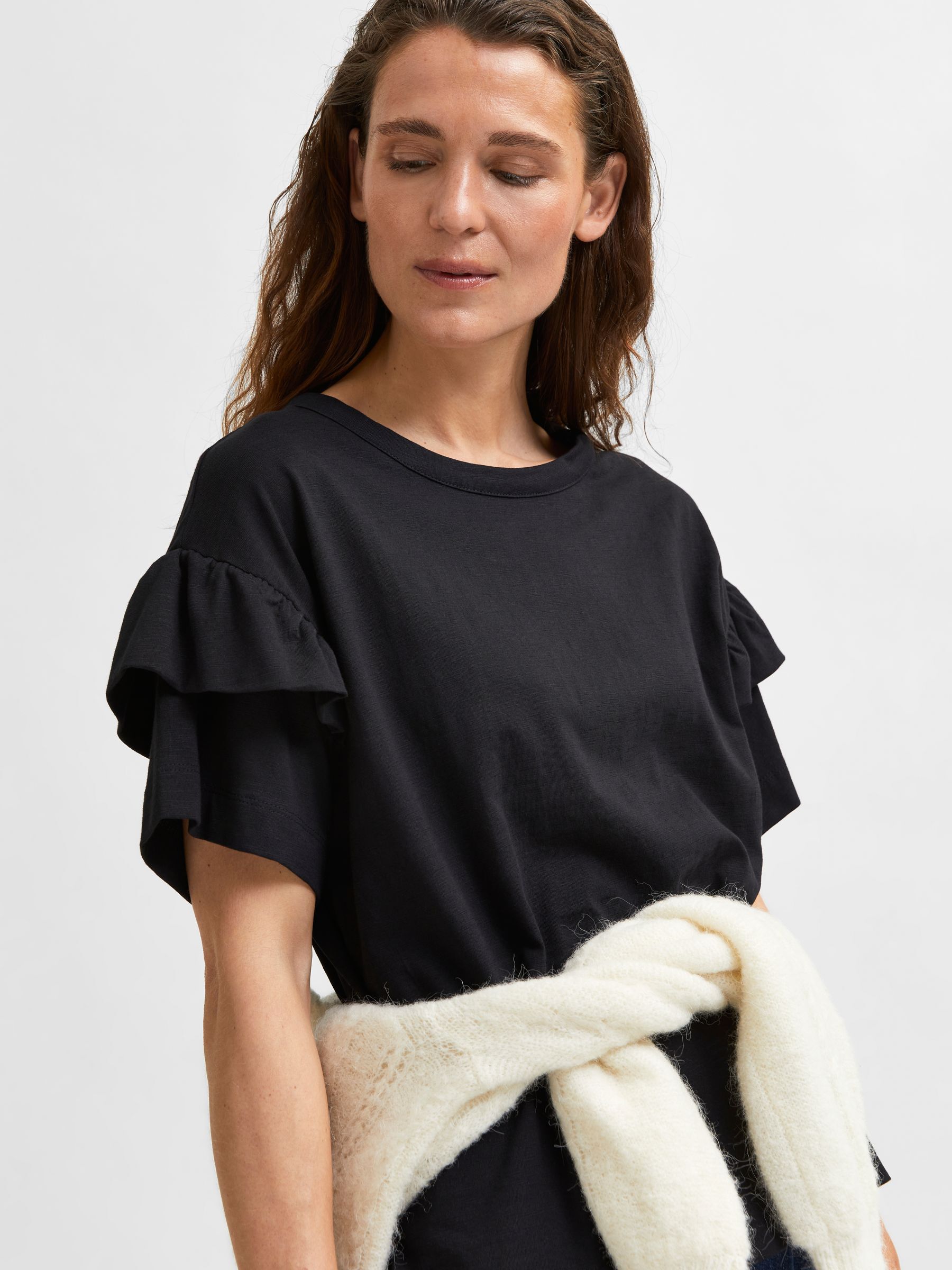 COTTON RUFFLE  T-SHIRT, Black, highres