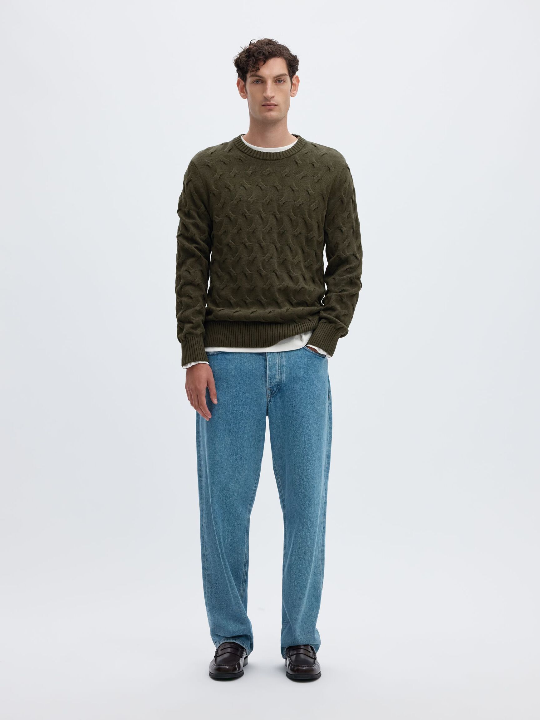 CABLE KNIT CREWNECK JUMPER, Forest Night, highres