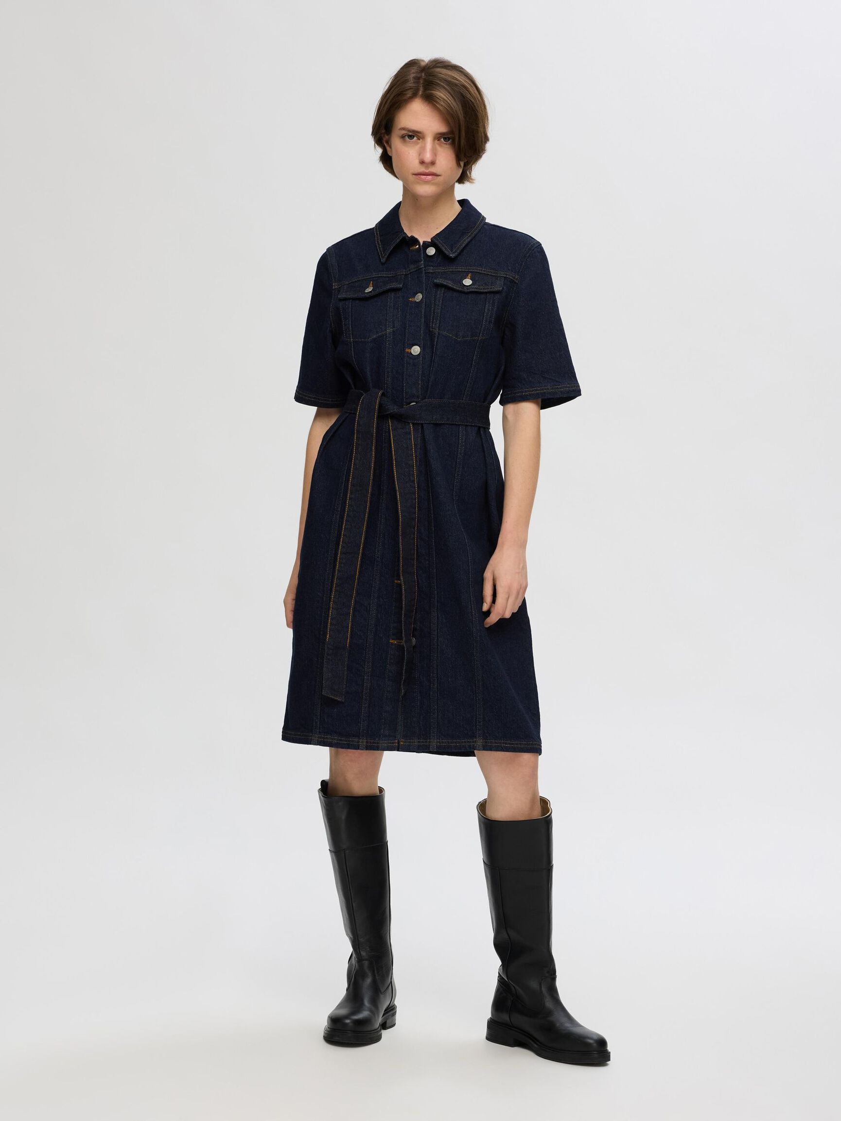SHORT SLEEVED DENIM DRESS, Dark Blue Denim, highres