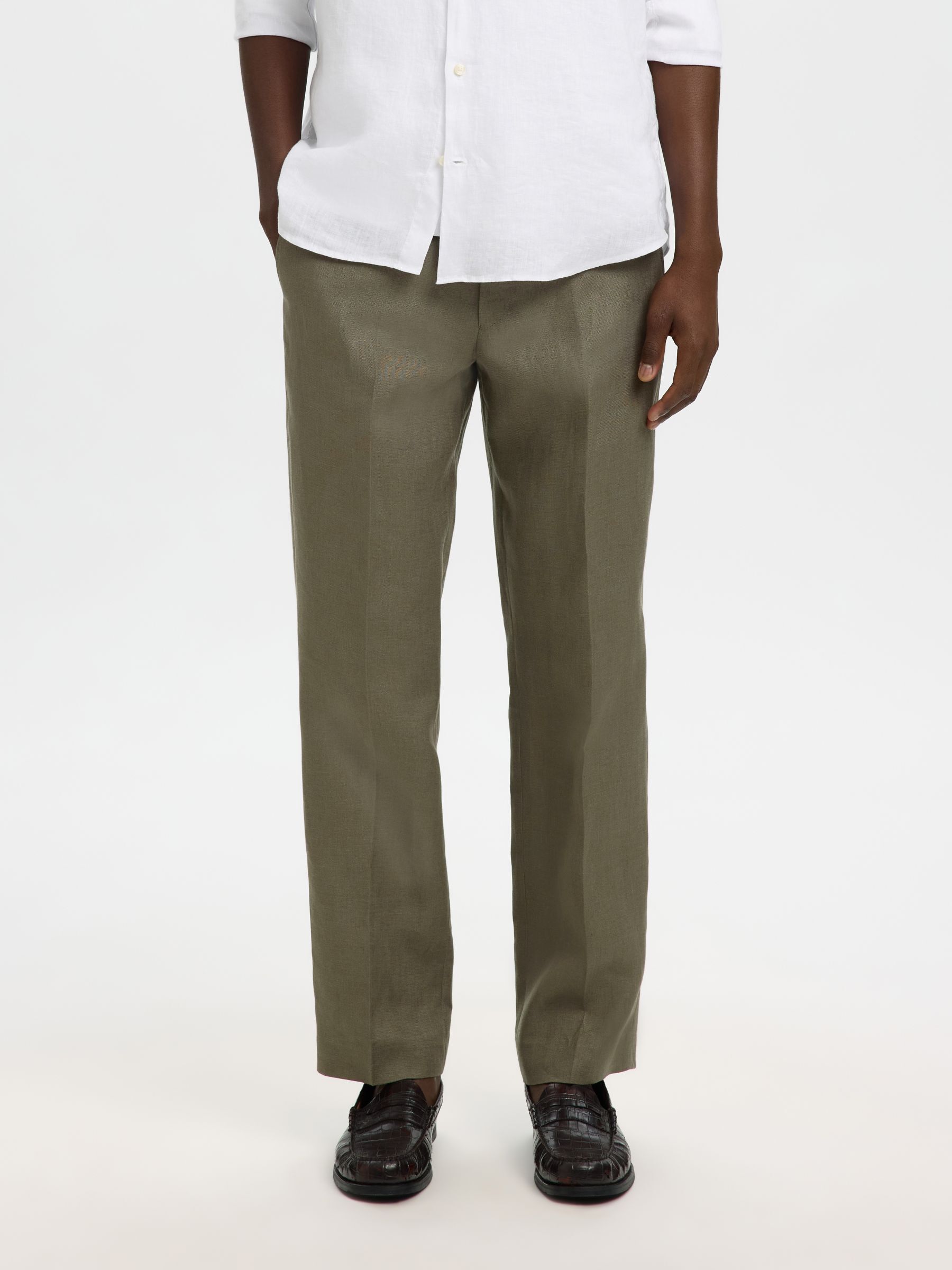 REGULAR FIT LINEN TROUSERS, Olive Green, highres