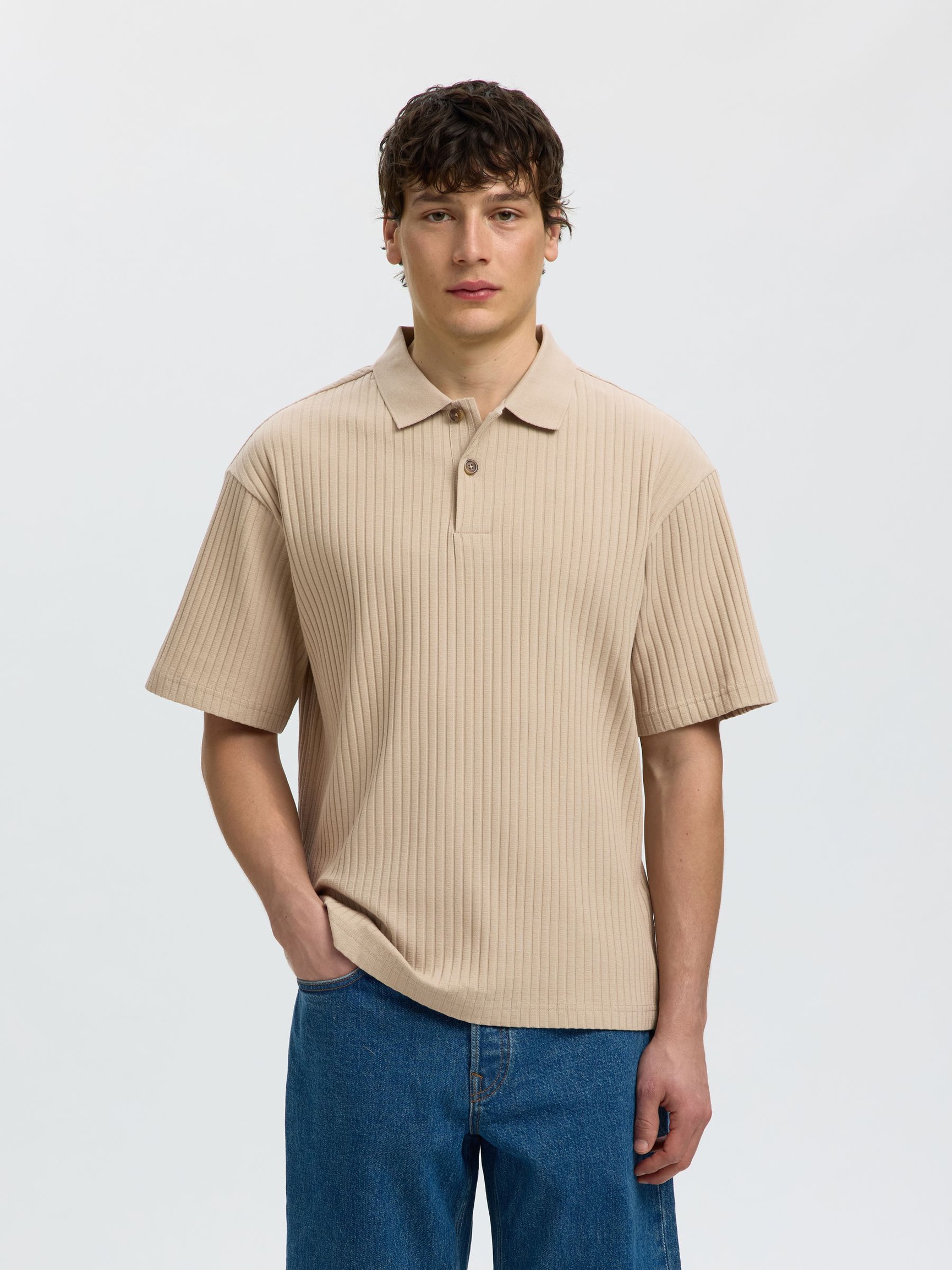 RELAXED FIT RIBBED POLO SHIRT, Pure Cashmere, highres