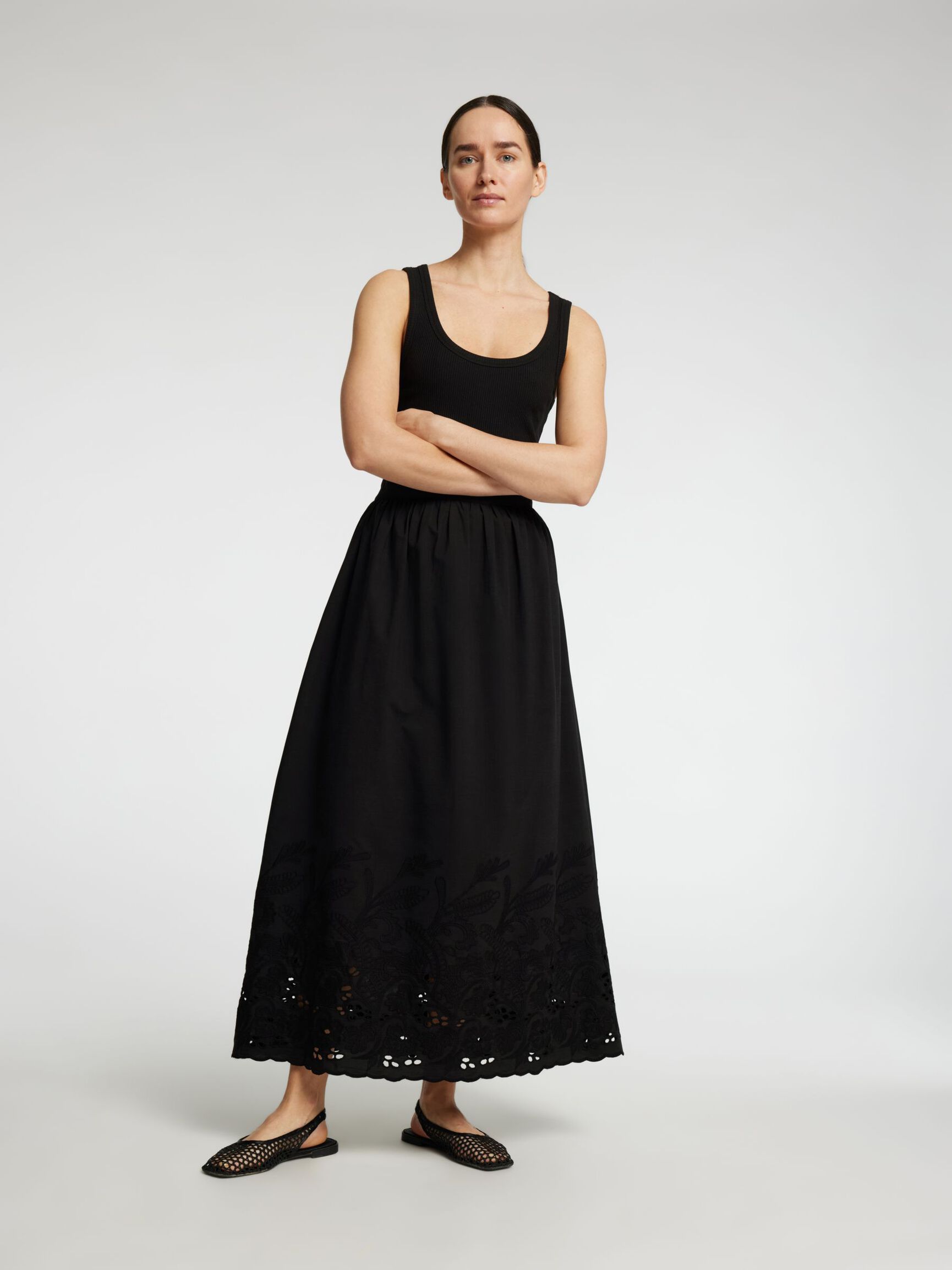 BRODERIE ANGLAISE MAXI SKIRT, Black, highres
