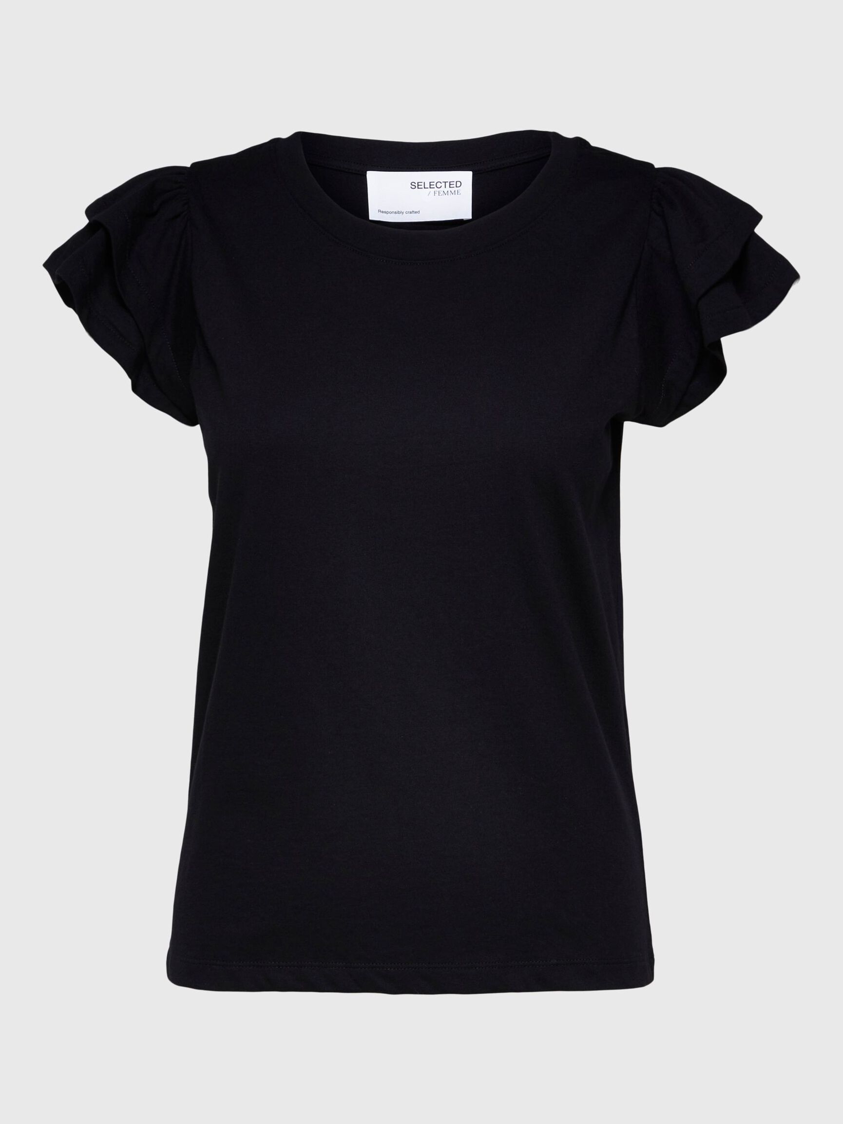 COTTON RUFFLED T-SHIRT, Black, highres