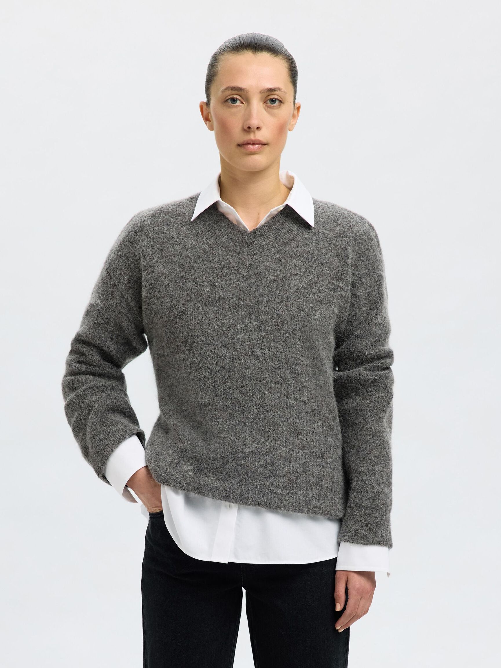 WOLLMIX STRICKPULLOVER, Medium Grey Melange, highres