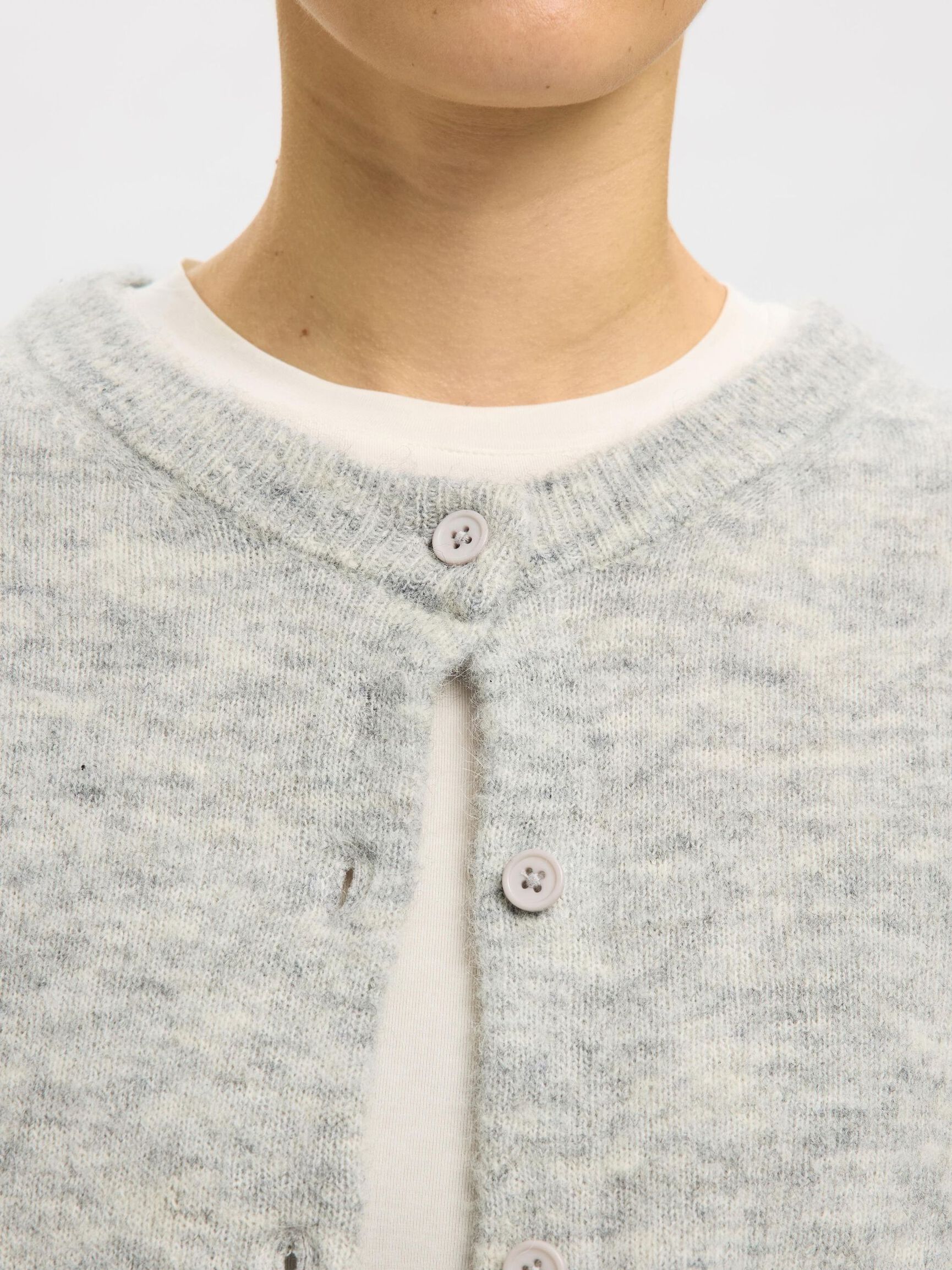 WOOL BLEND KNITTED CARDIGAN, Light Grey Melange, highres