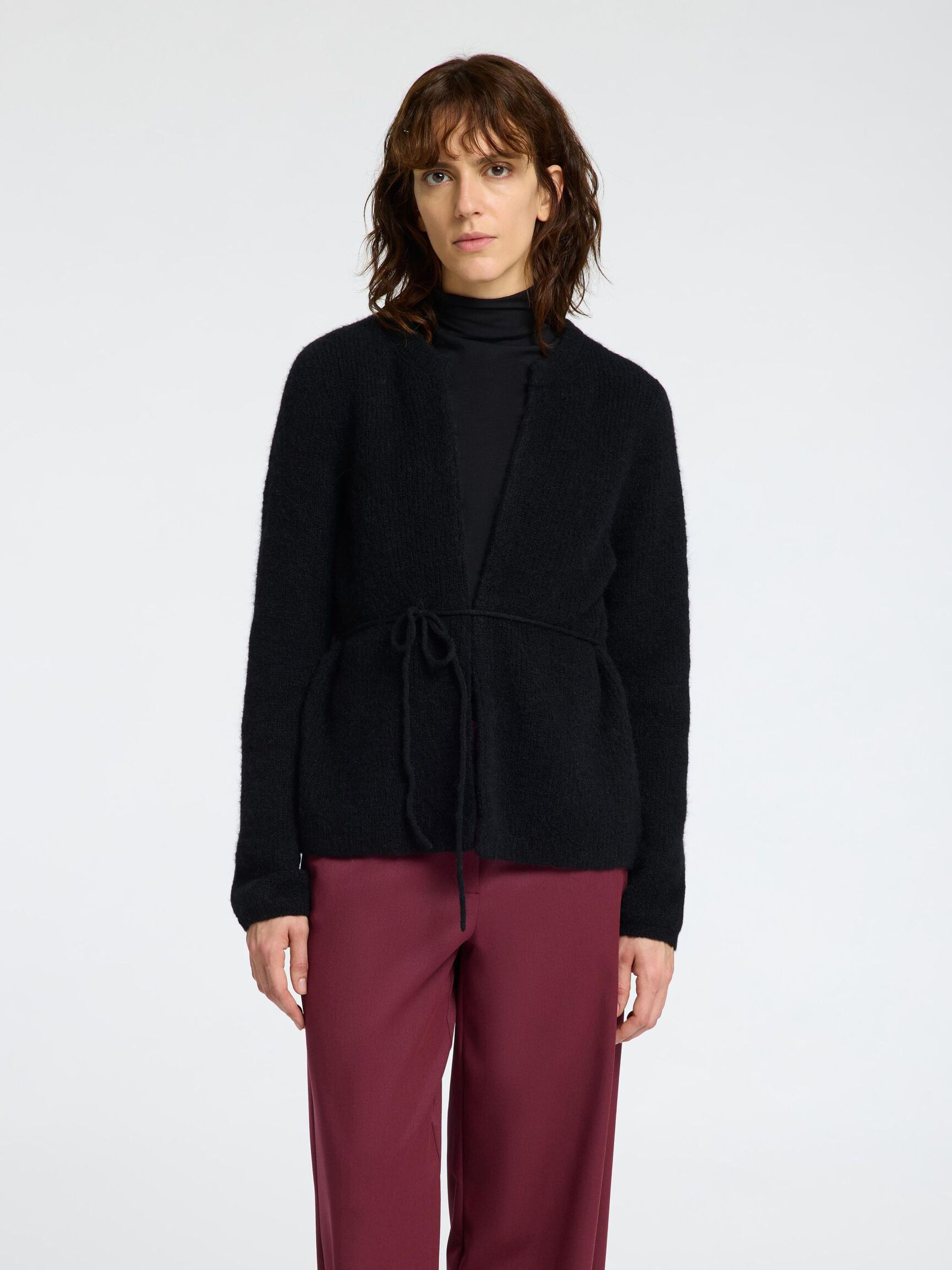 WOOL BLEND BELTET CARDIGAN, Black, highres