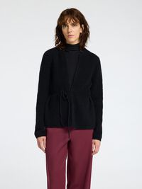 WOOL BLEND BELTET CARDIGAN, Black, highres