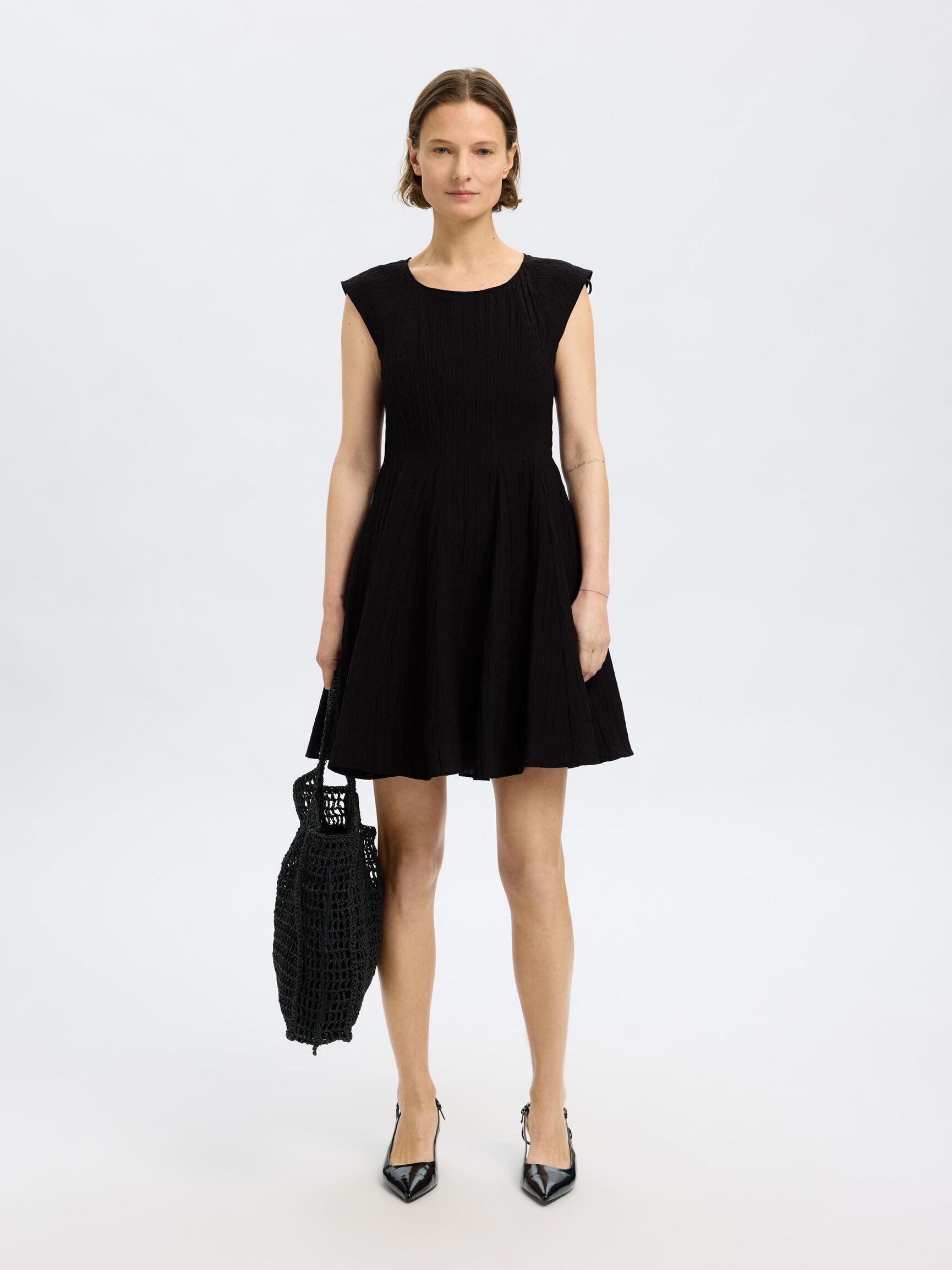 CAP SLEEVE MINI DRESS, Black, highres