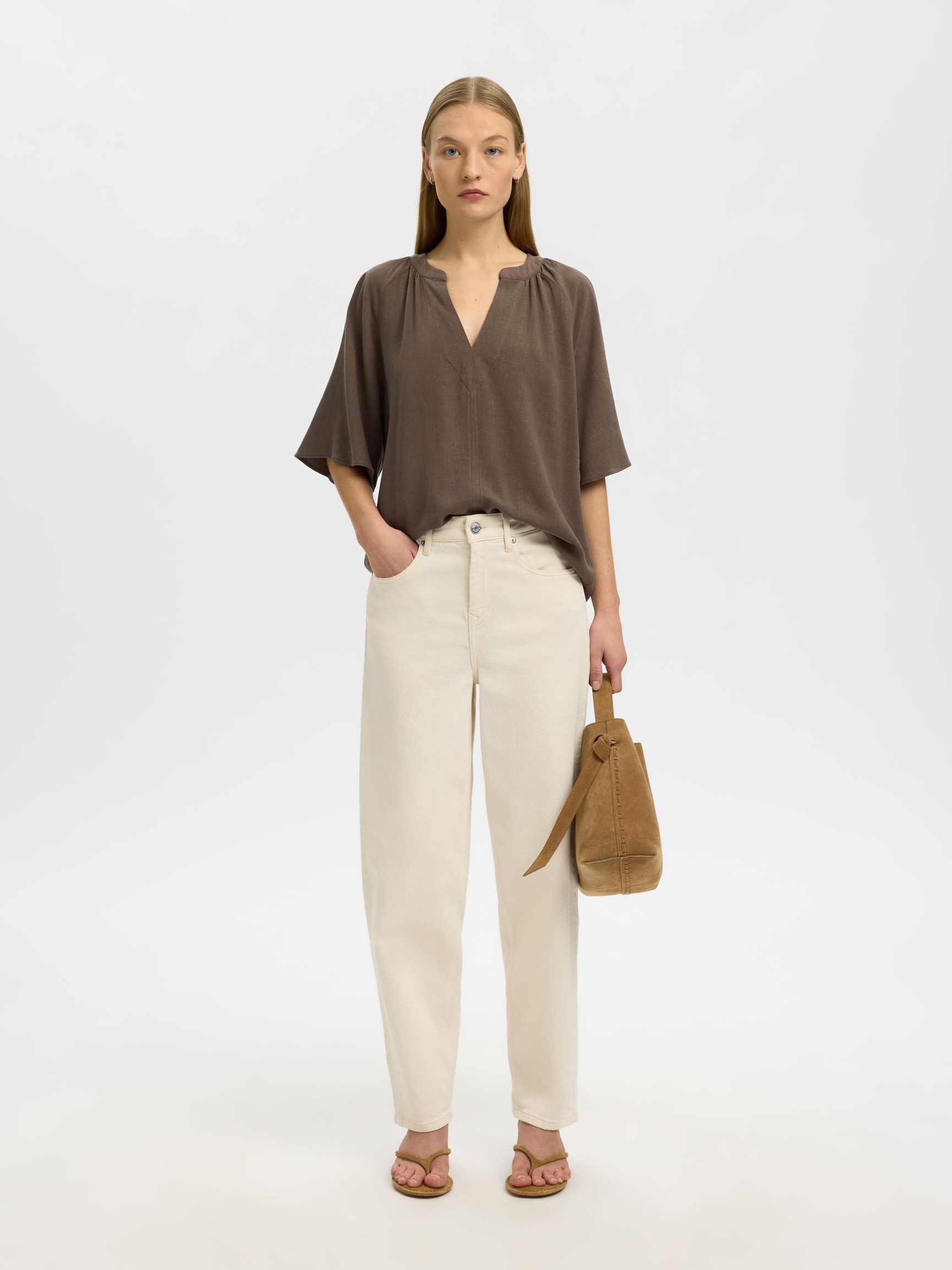 VISCOSE BLEND V-NECK BLOUSE, Chocolate Chip, highres