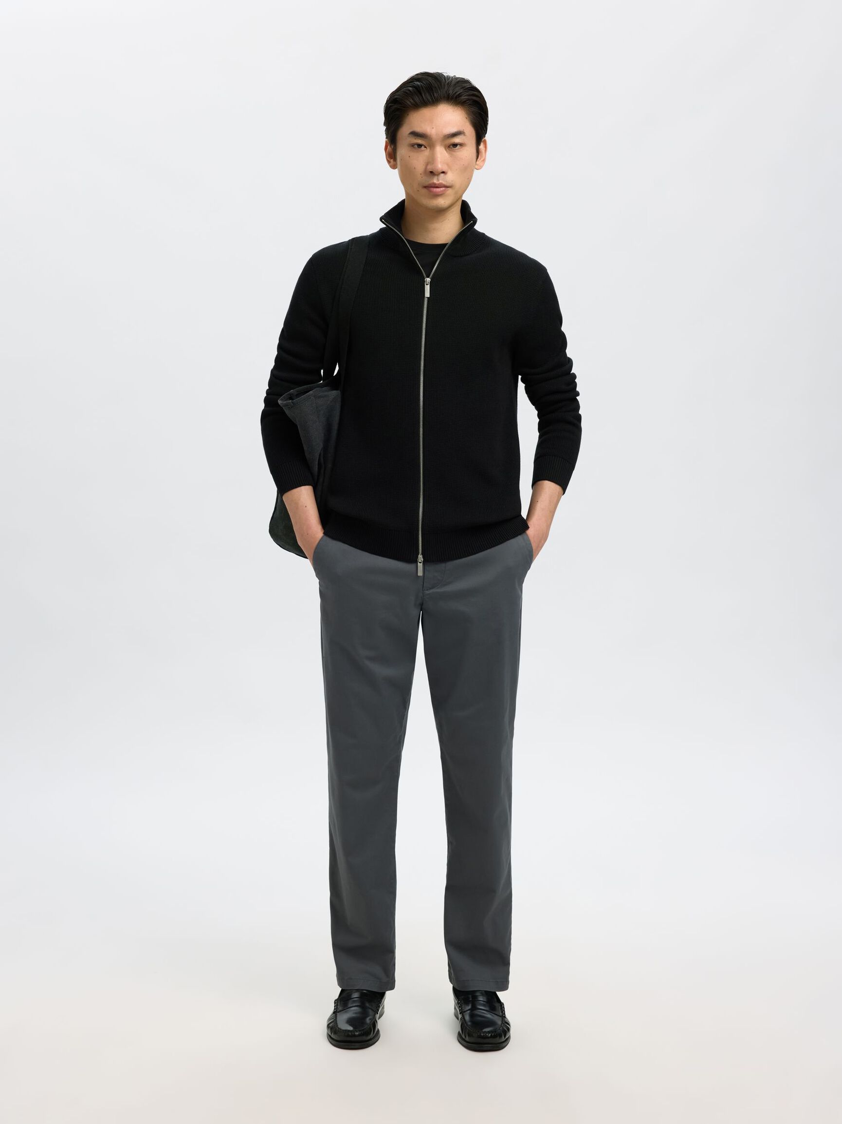 ZIPPED HIGH NECK KNITTED CARDIGAN, Black, highres