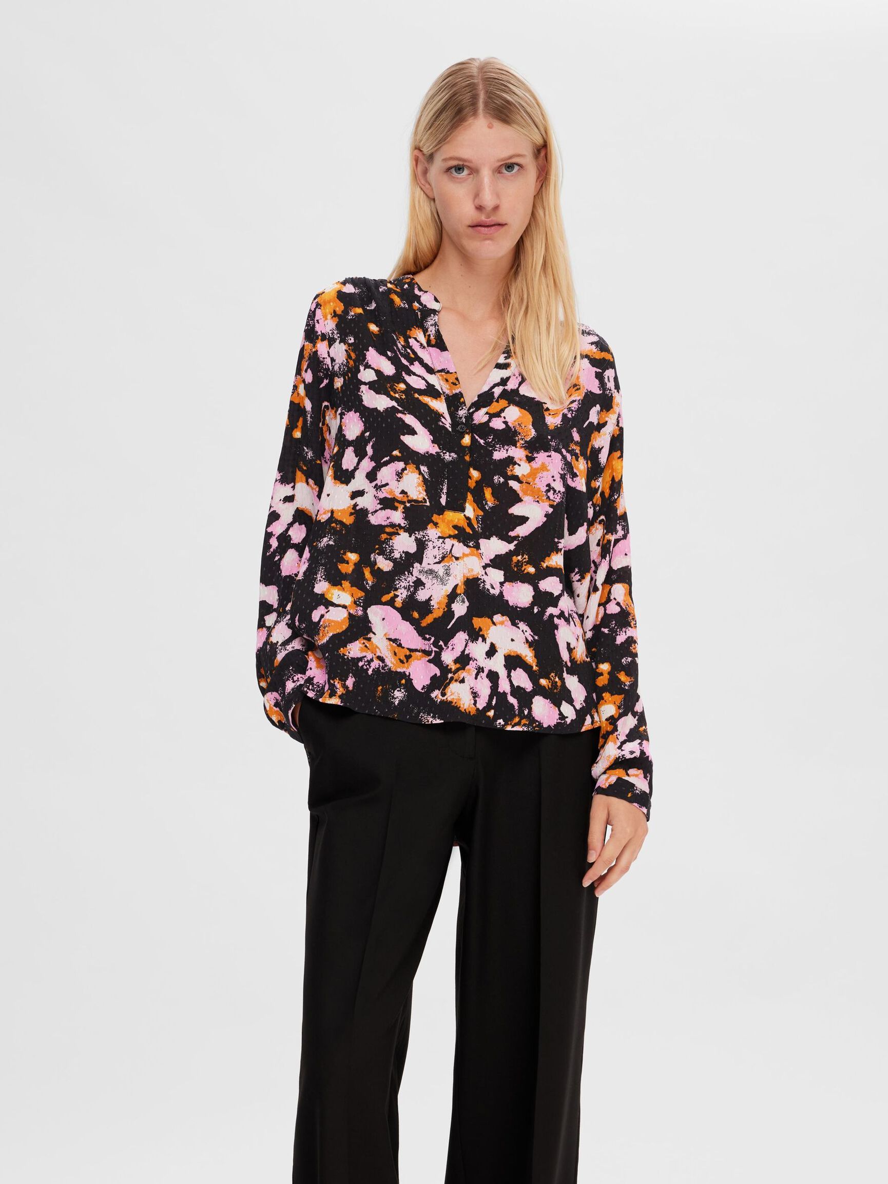 BEDRUKT SHIRT MET LANGE MOUWEN, Black, highres