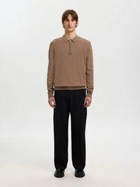 KNITTED LONG-SLEEVED POLO, Teak, highres