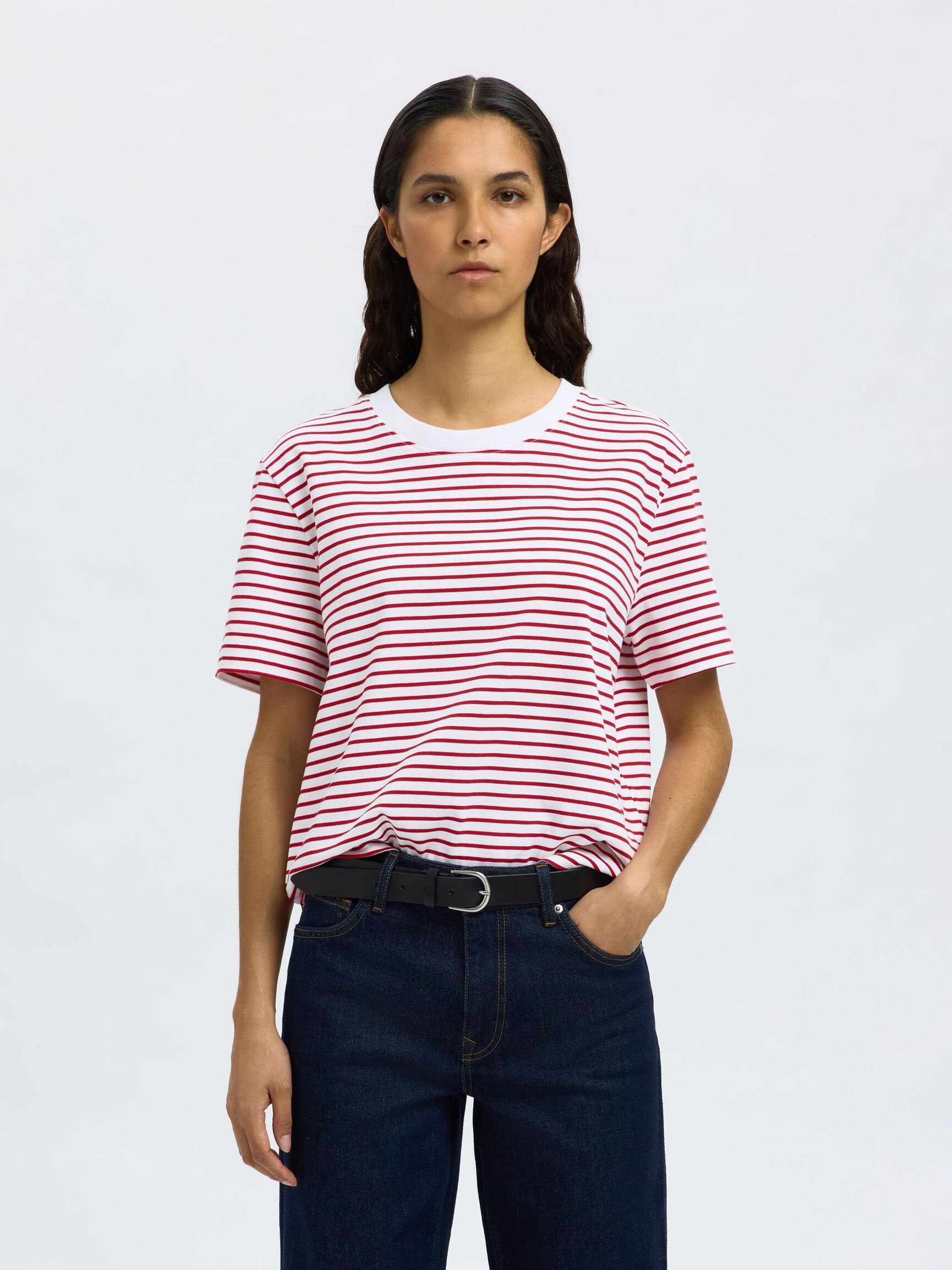 GESTREEPT BOXY T-SHIRT, Equestrian Red, highres
