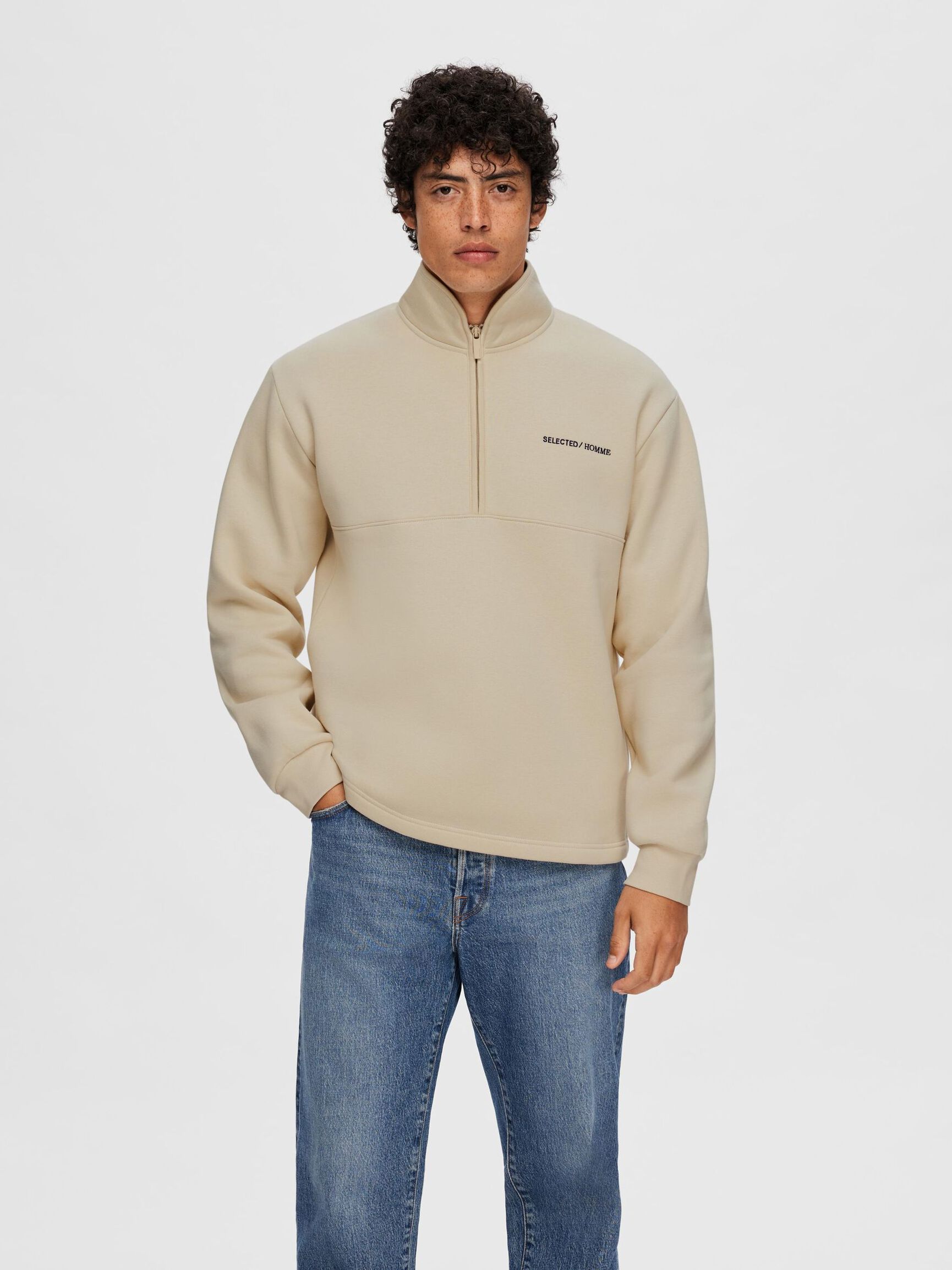 HALF-ZIP PULLOVER, Oatmeal, highres