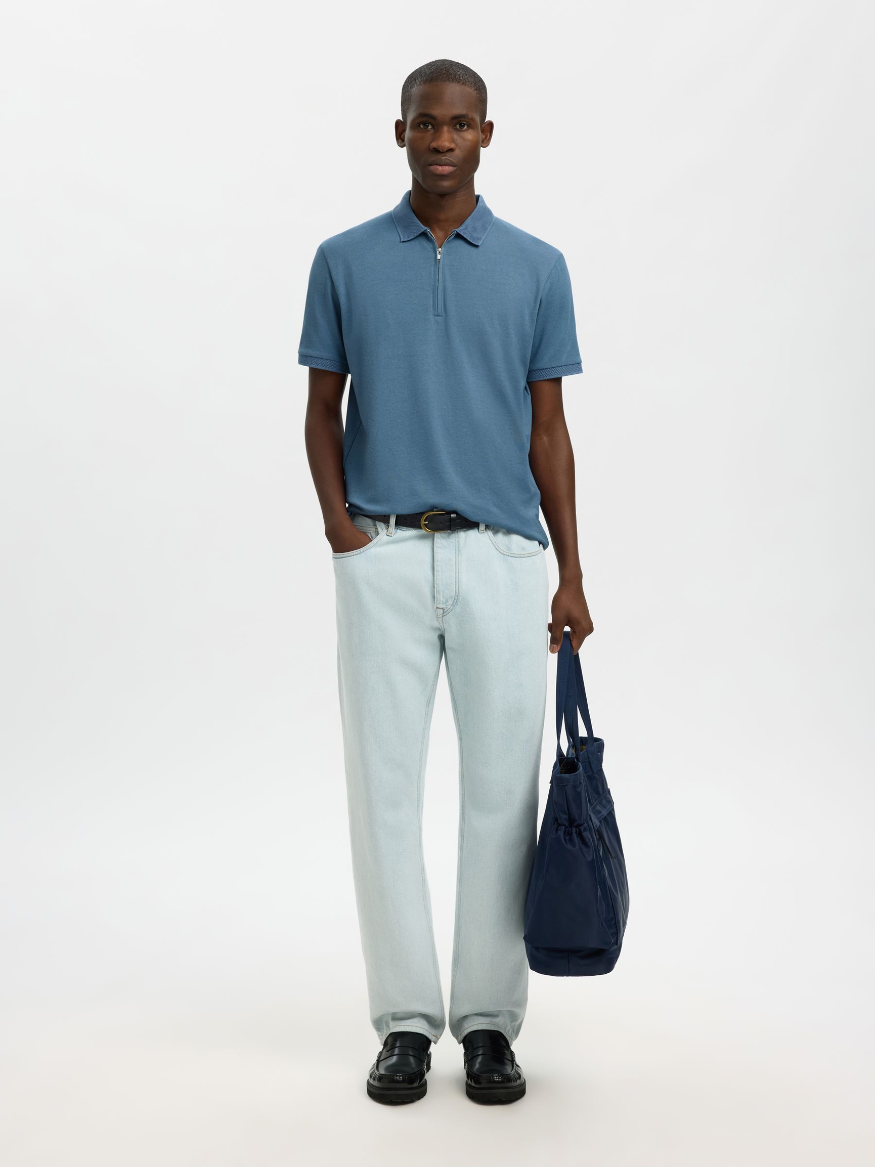 ZIPPER KNITTED POLO SHIRT, Blue Mirage, highres