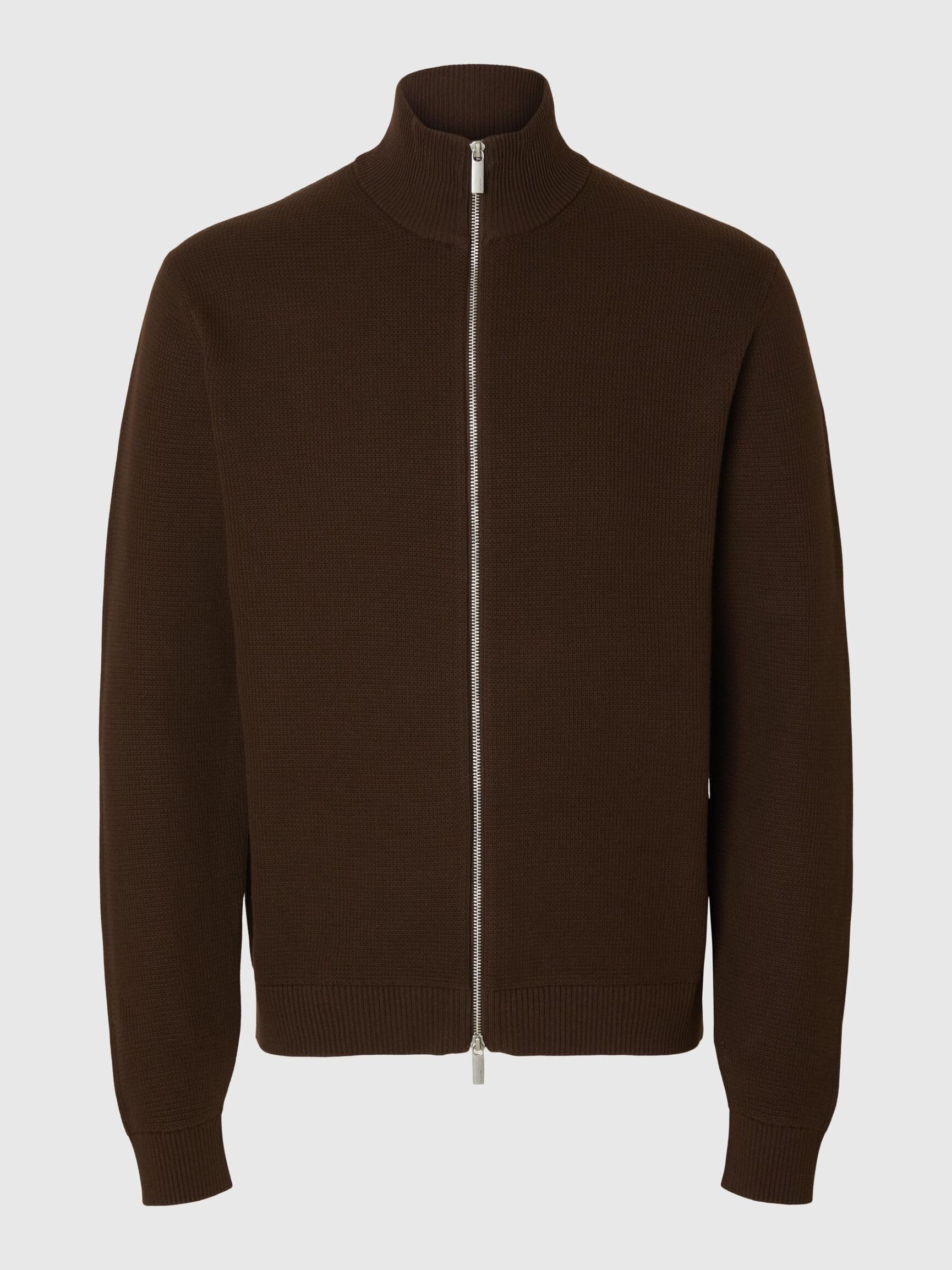 ZIPPED HIGH NECK KNITTED CARDIGAN, Demitasse, highres