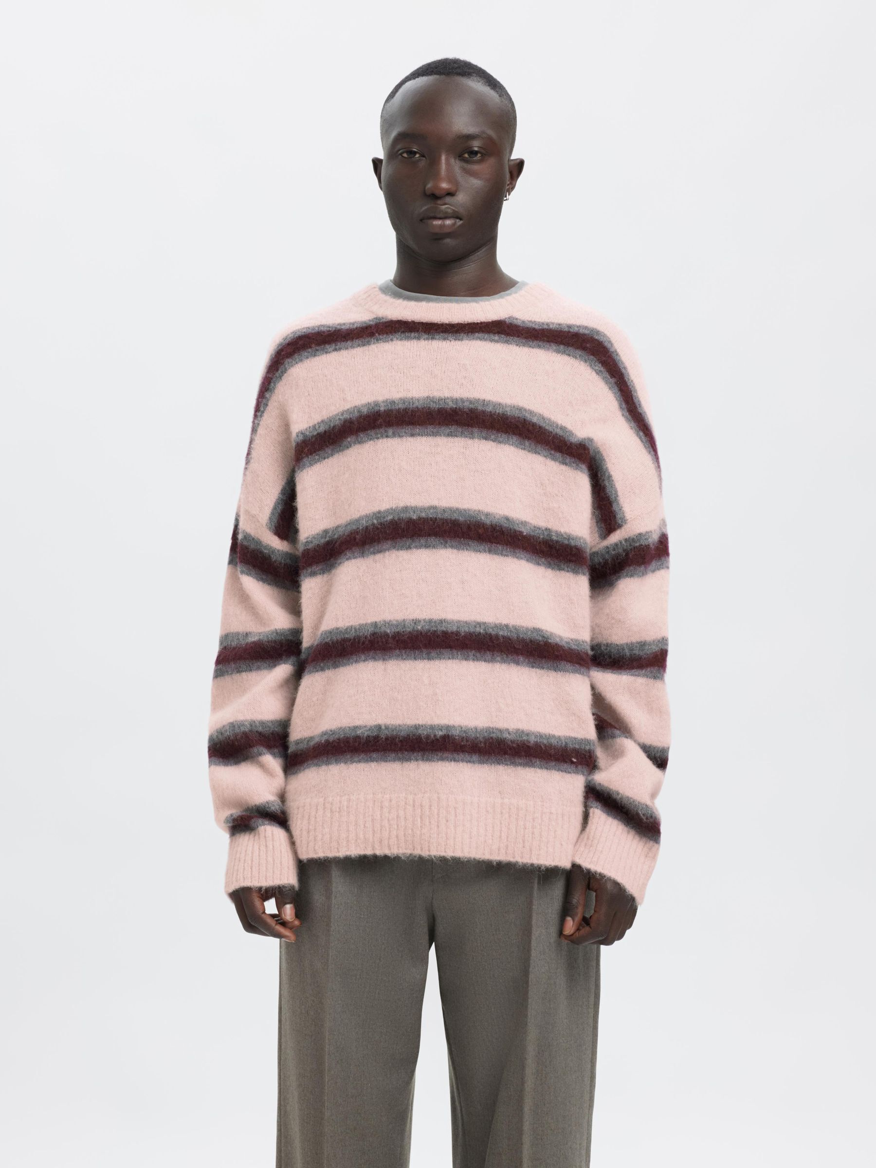 STRIPED KNITTED PULLOVER, Barely Pink, highres