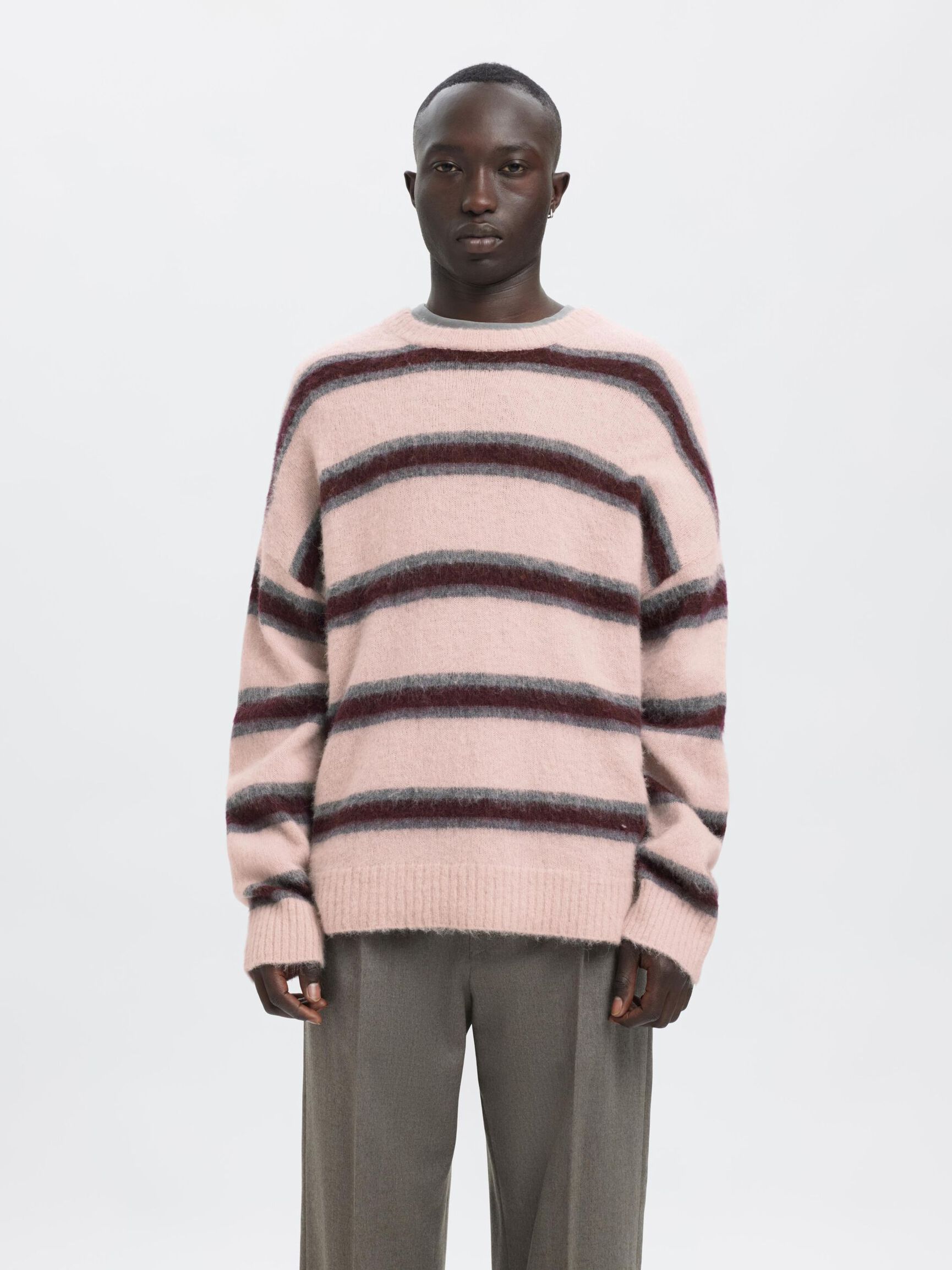 STRIPED KNITTED PULLOVER, Barely Pink, highres