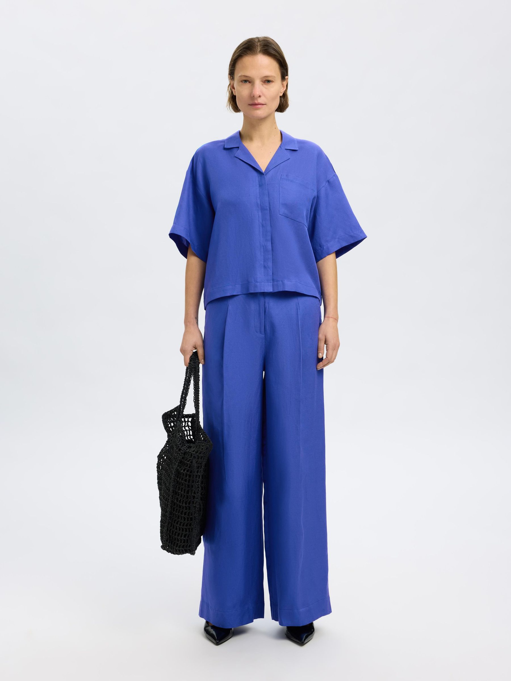 LINEN BLEND WIDE-LEG TROUSERS, Dazzling Blue, highres