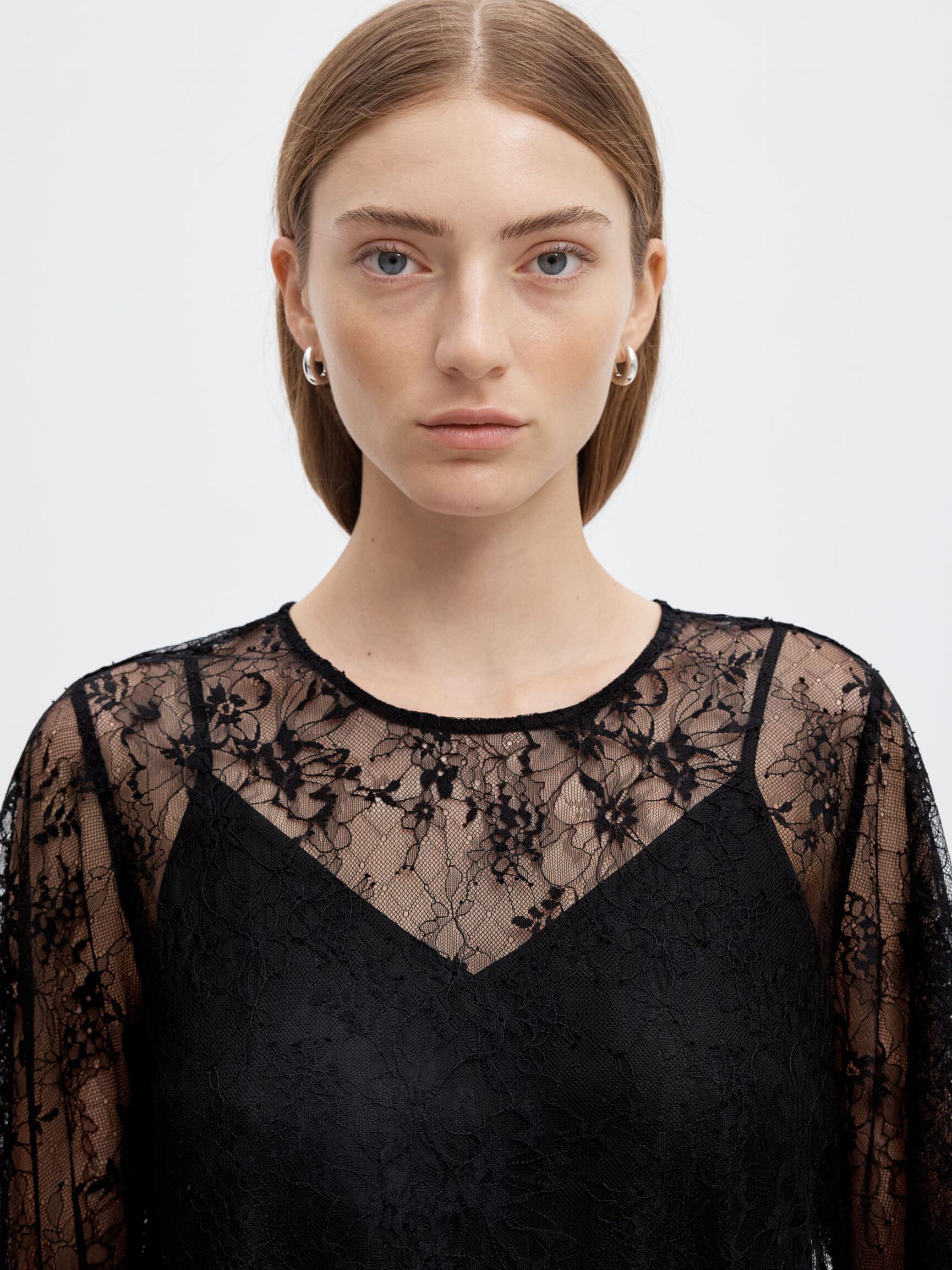 LACE MIDI DRESS, Black, highres