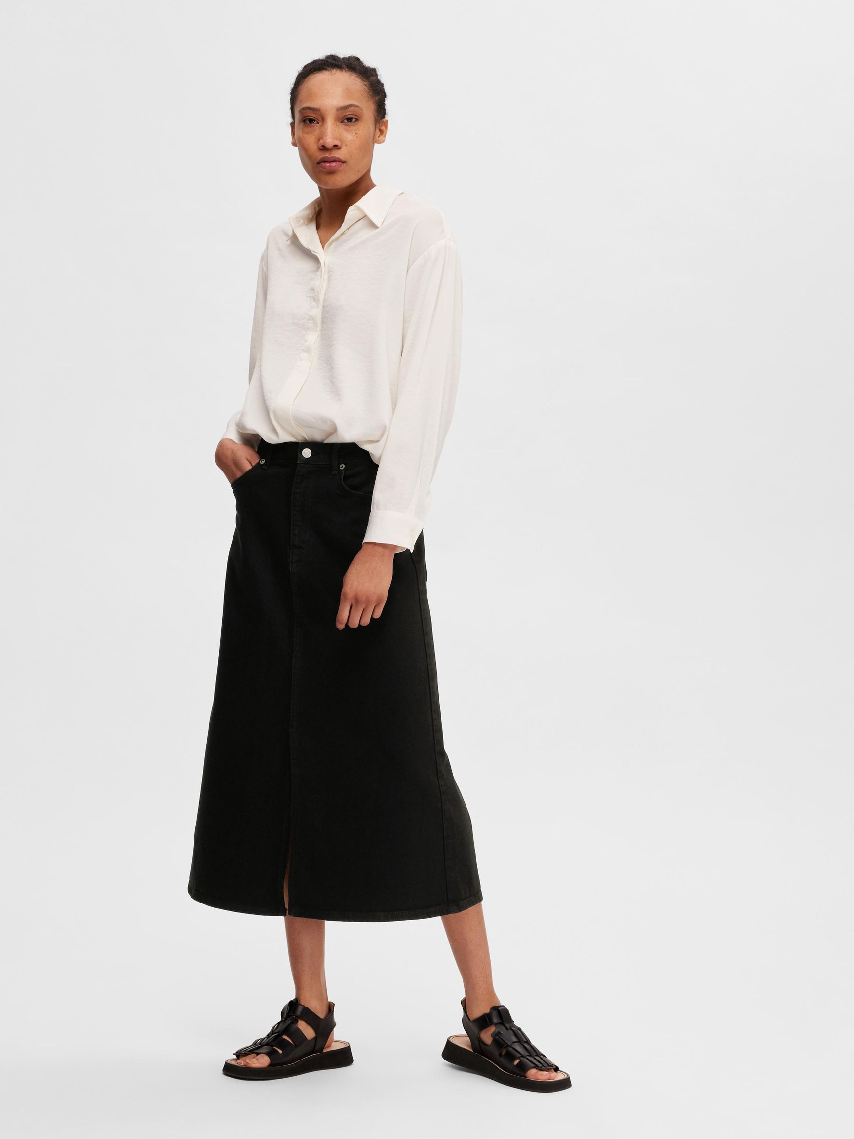 BLACK DENIM MIDI SKIRT, Black Denim, highres