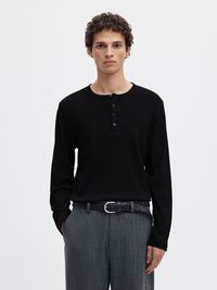RIBBED BUTTON LONG-SLEEVED T-SHIRT, Black, highres