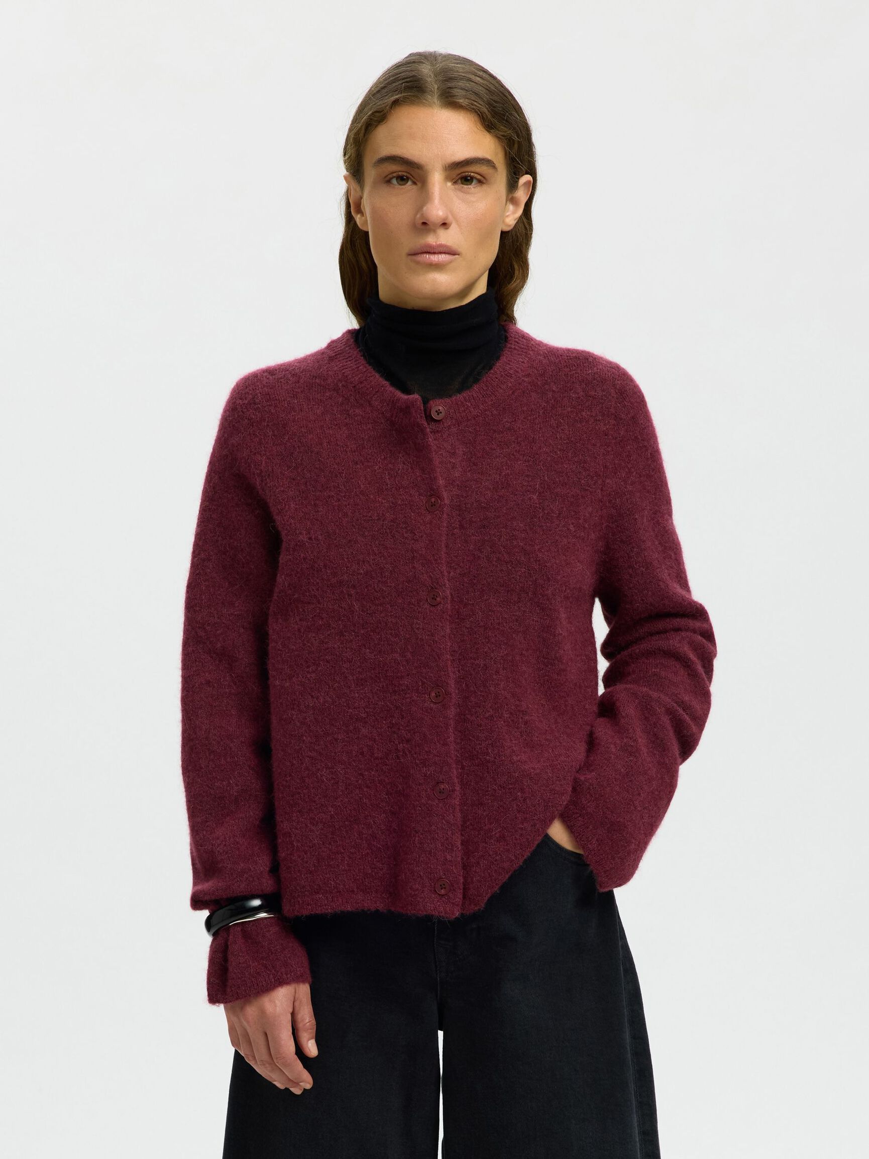 WOOL BLEND CARDIGAN, Tawny Port, highres