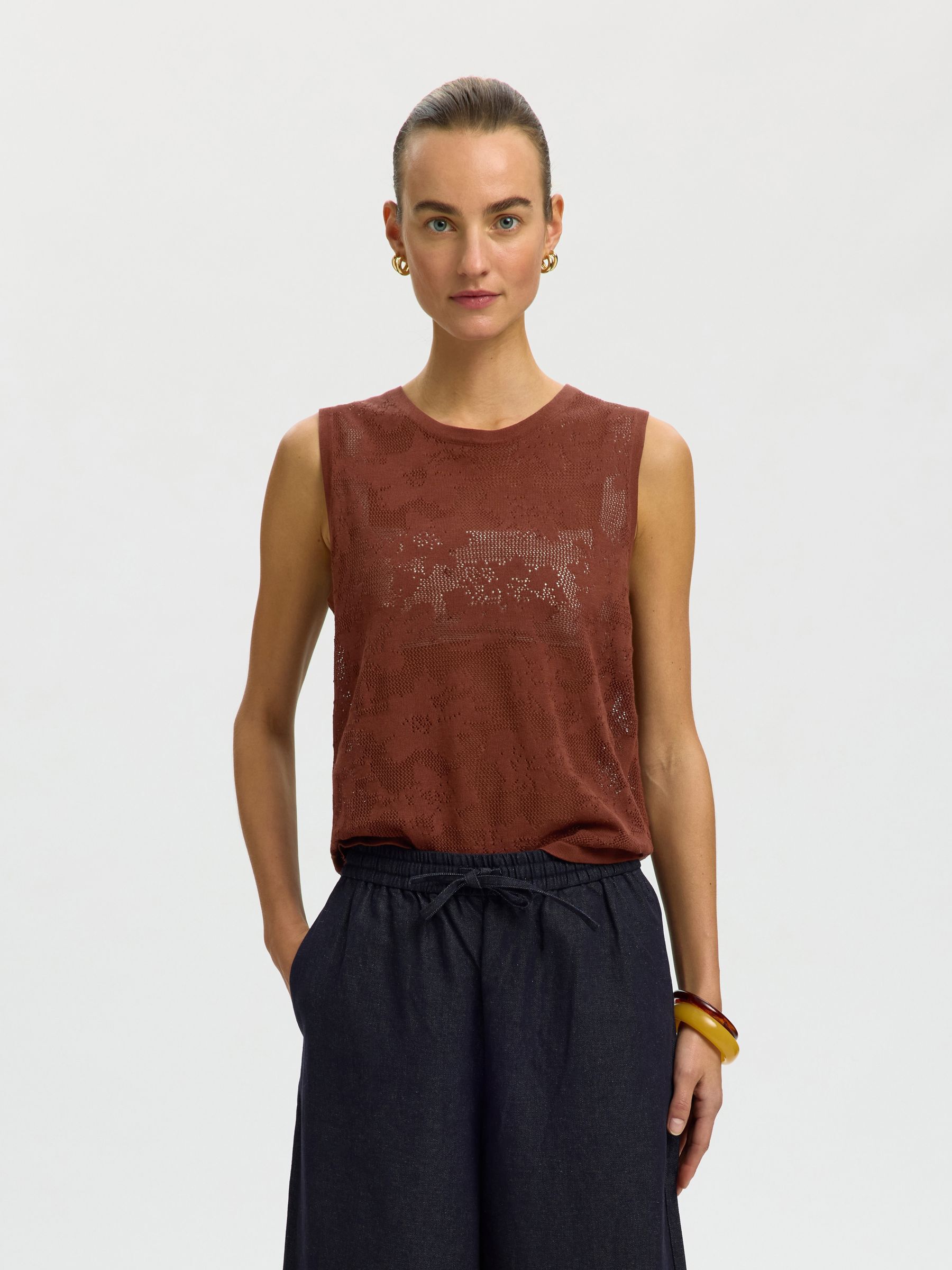 COTTON SLEEVELESS KNITTED TOP, Cherry Mahogany, highres