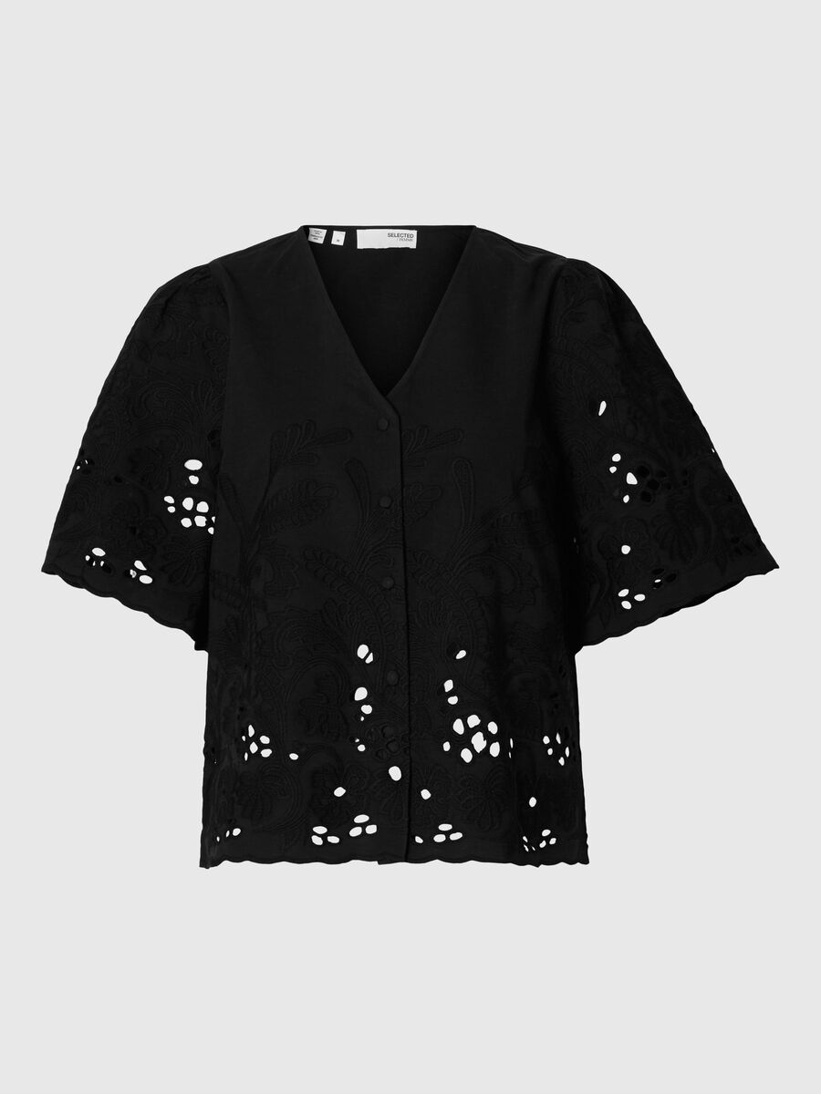 Selected GEBORDUURD OVERHEMD MET KORTE MOUWEN, Black, highres - 16096441_Black_001.jpg