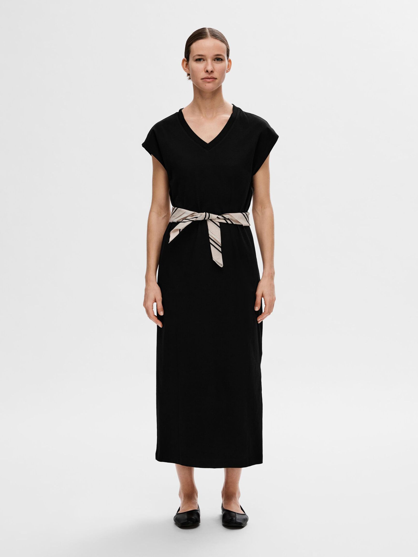 CAP SLEEVE MIDI DRESS, Black, highres