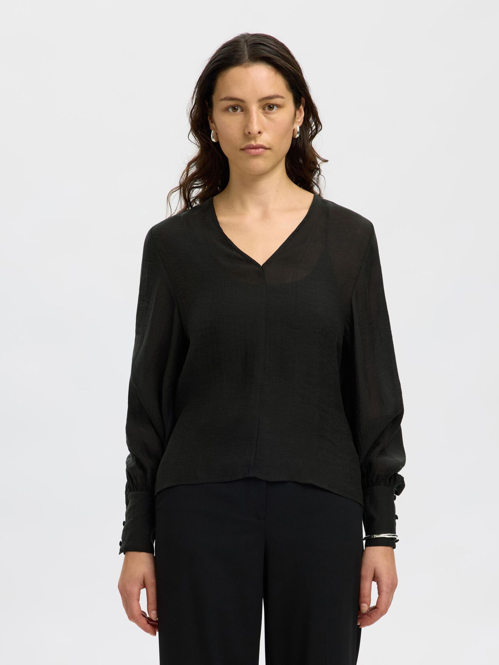 V-NECK LONG SLEEVED BLOUSE, Black, highres