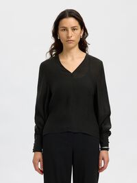V-NECK LONG SLEEVED BLOUSE, Black, highres